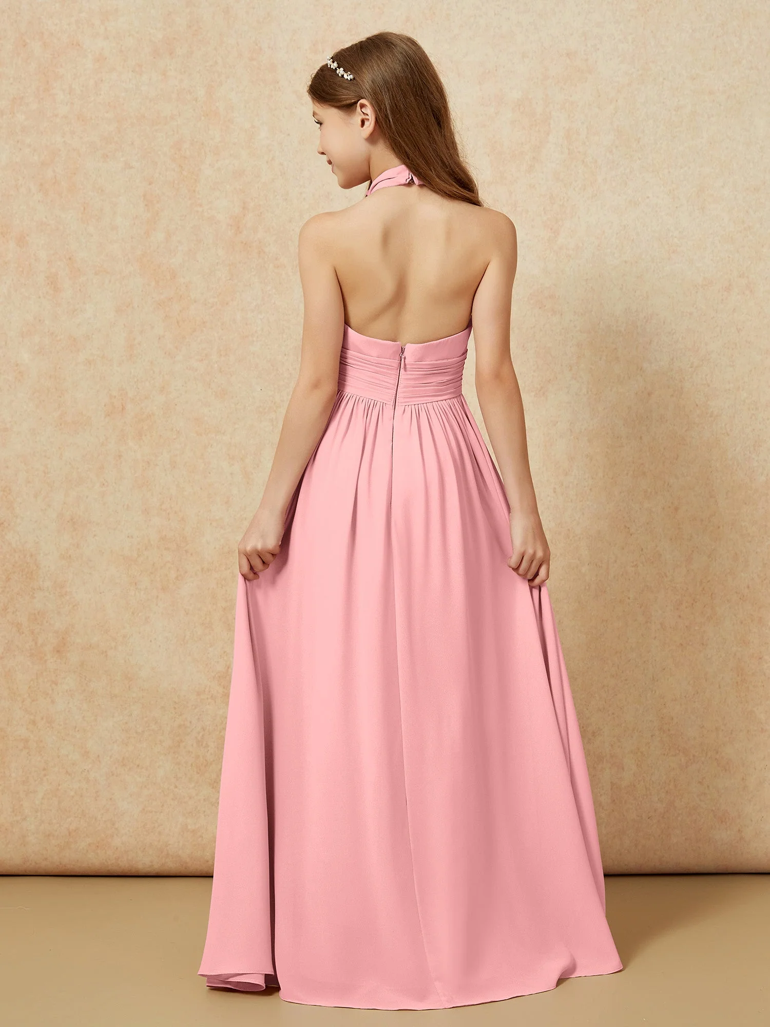 Halshalter Rückenfrei Lang Chiffon Junge Brautjungfernkleider Flamingo - Image 2