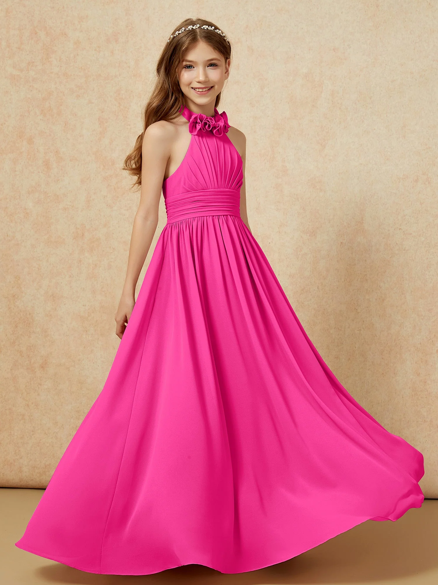 Halshalter Rückenfrei Lang Chiffon Junge Brautjungfernkleider Fuchsia