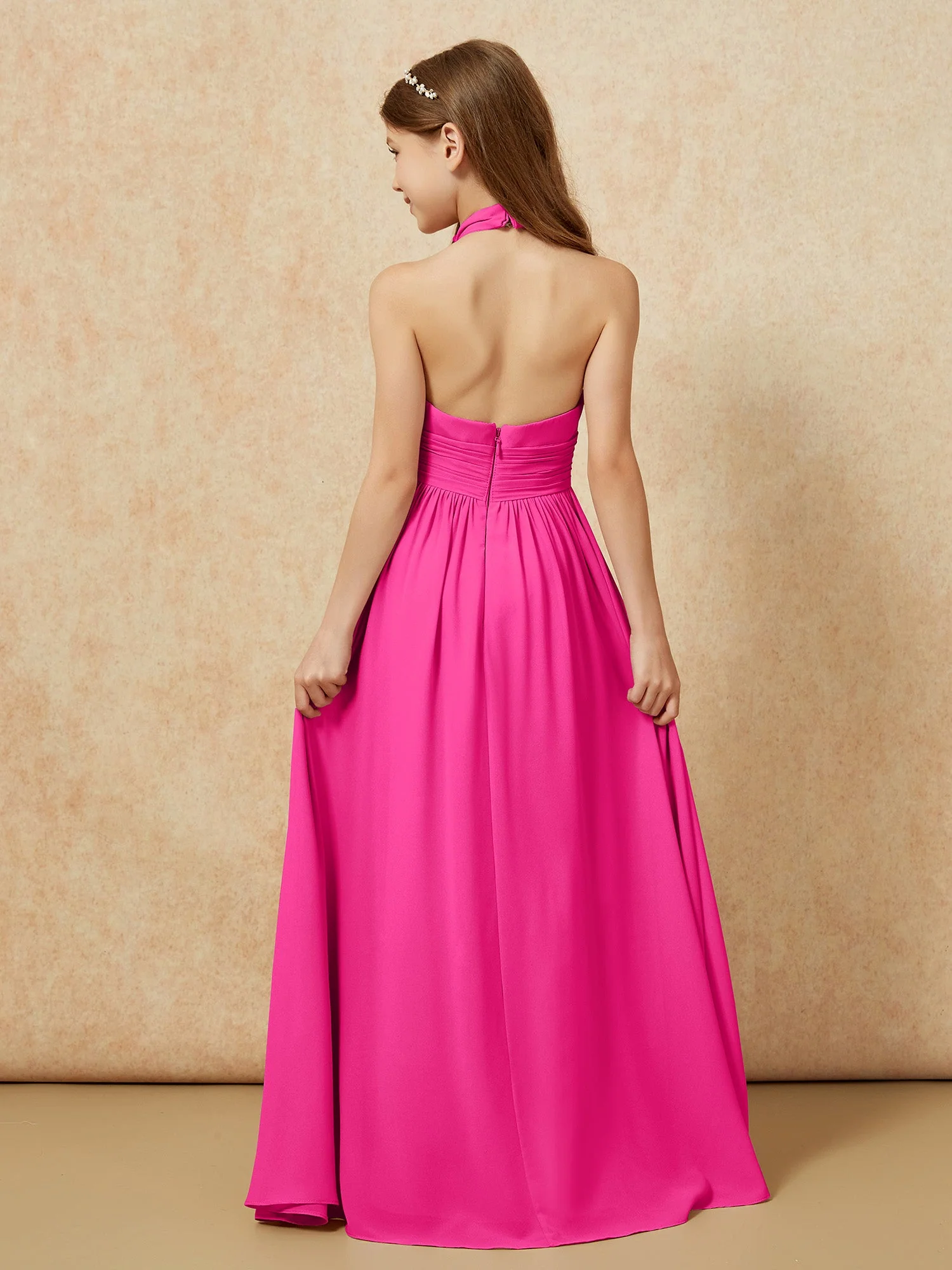 Halshalter Rückenfrei Lang Chiffon Junge Brautjungfernkleider Fuchsia - Image 2