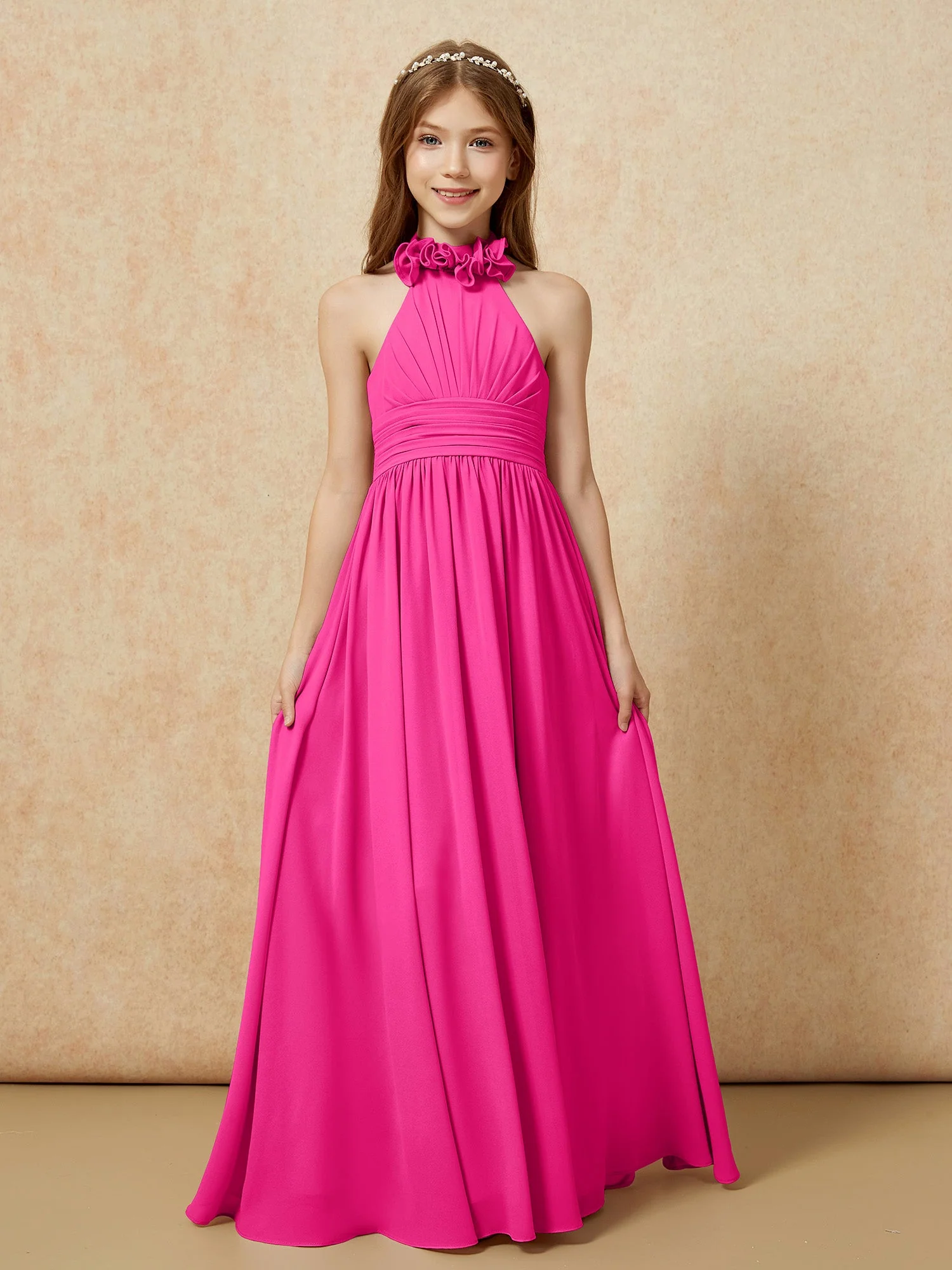 Halshalter Rückenfrei Lang Chiffon Junge Brautjungfernkleider Fuchsia - Image 4