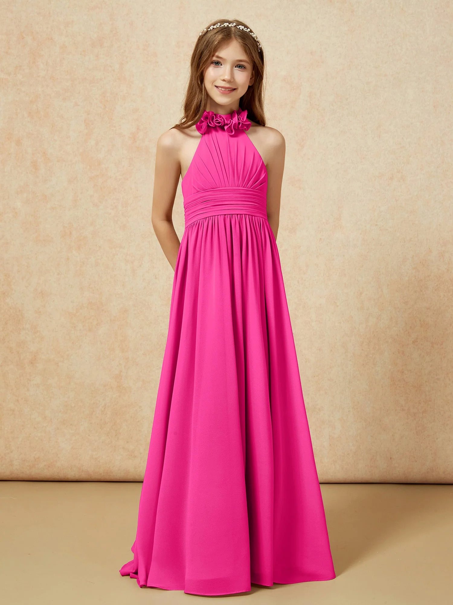 Halshalter Rückenfrei Lang Chiffon Junge Brautjungfernkleider Fuchsia - Image 5