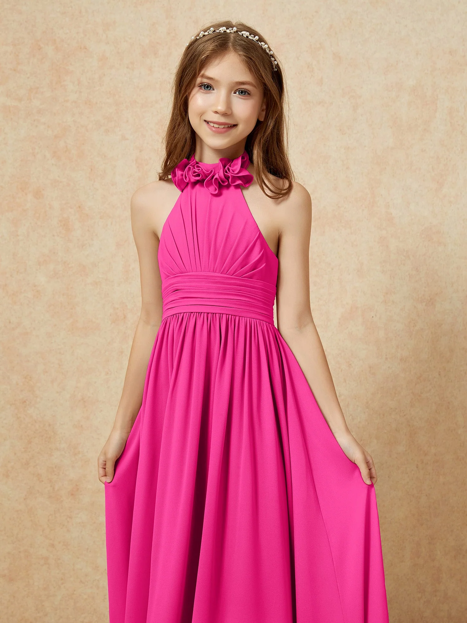 Halshalter Rückenfrei Lang Chiffon Junge Brautjungfernkleider Fuchsia - Image 6
