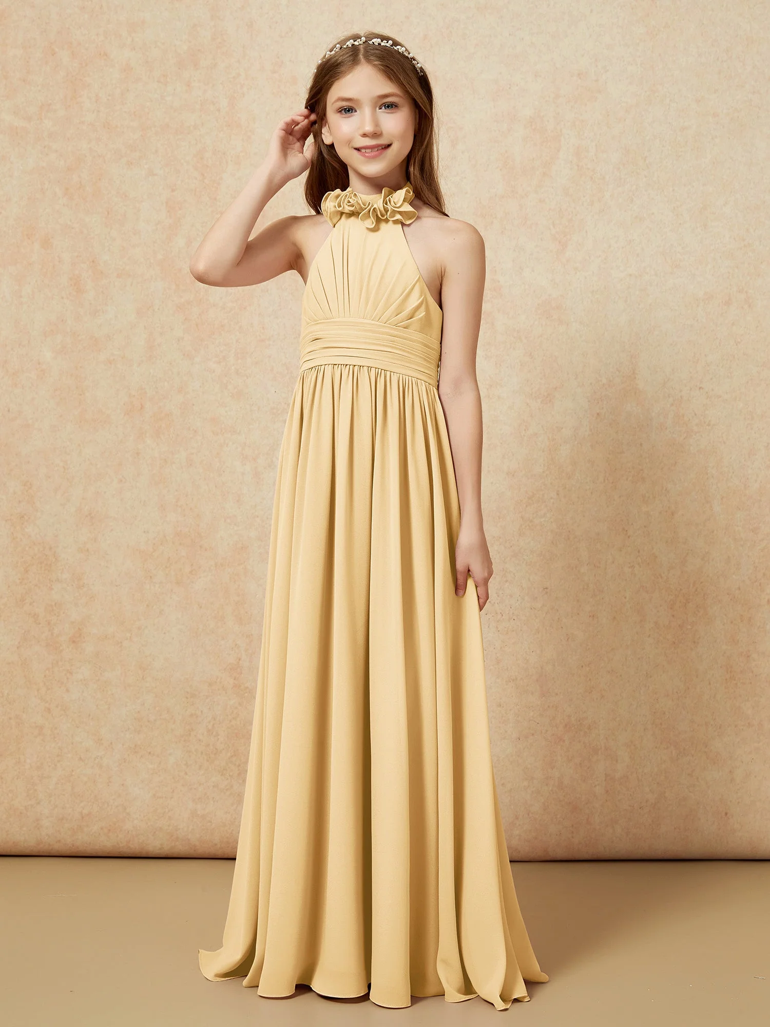 Halshalter Rückenfrei Lang Chiffon Junge Brautjungfernkleider Gold - Image 3