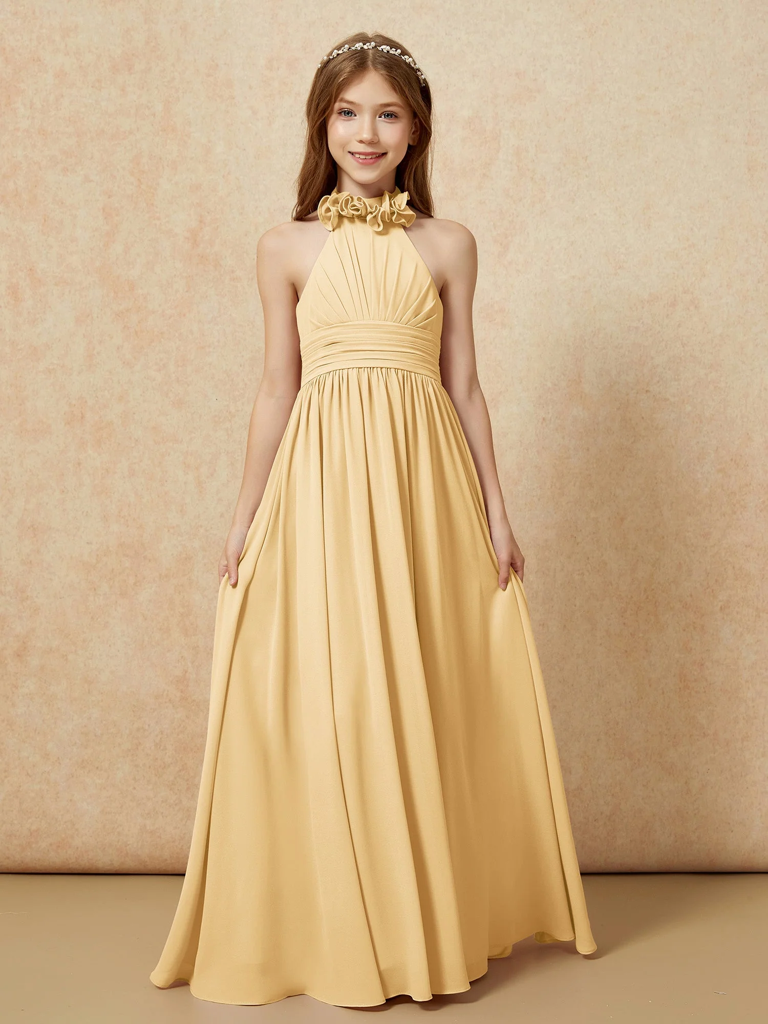 Halshalter Rückenfrei Lang Chiffon Junge Brautjungfernkleider Gold - Image 4