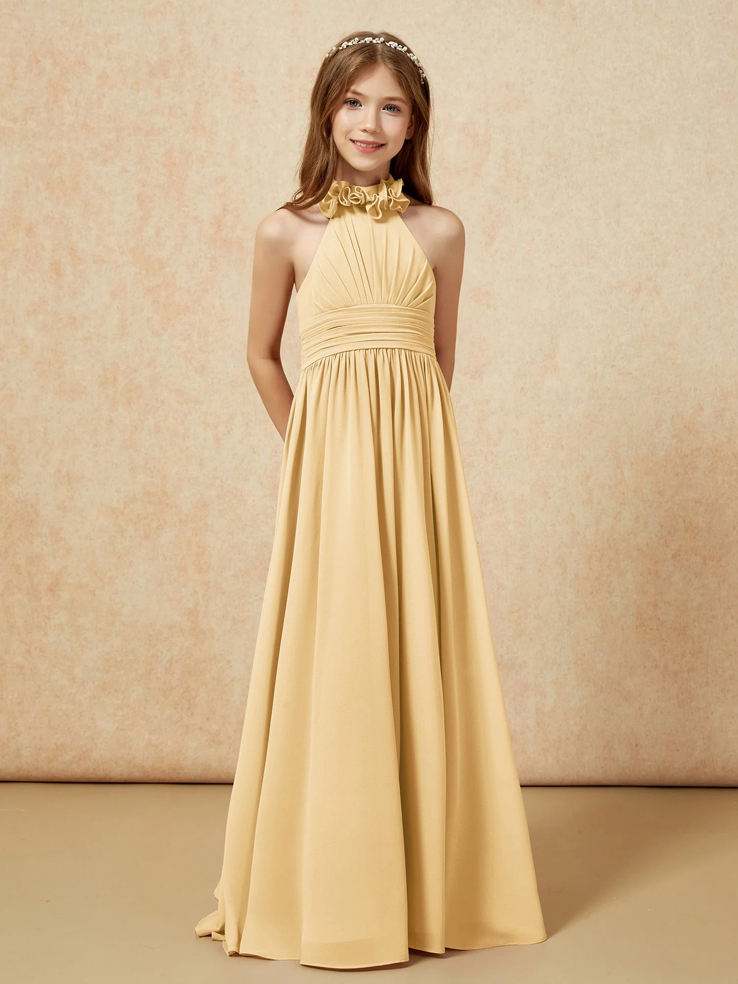 Halshalter Rückenfrei Lang Chiffon Junge Brautjungfernkleider Gold - Image 5