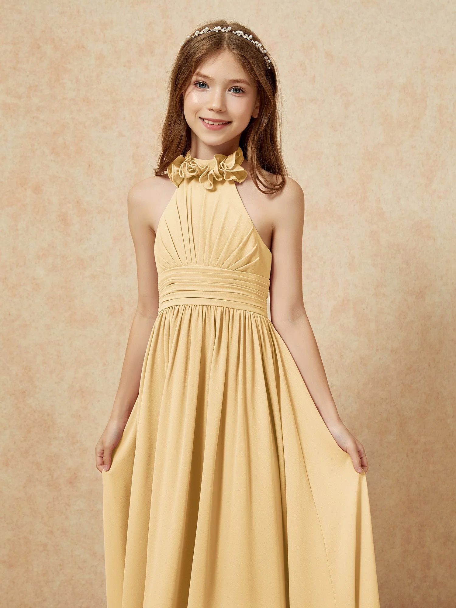 Halshalter Rückenfrei Lang Chiffon Junge Brautjungfernkleider Gold - Image 6