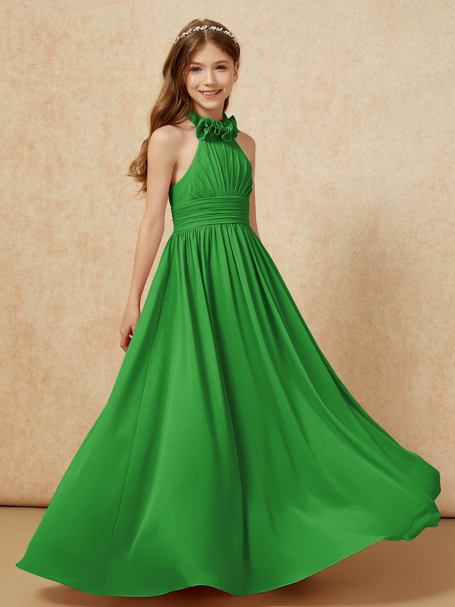 Halshalter Rückenfrei Lang Chiffon Junge Brautjungfernkleider Grün