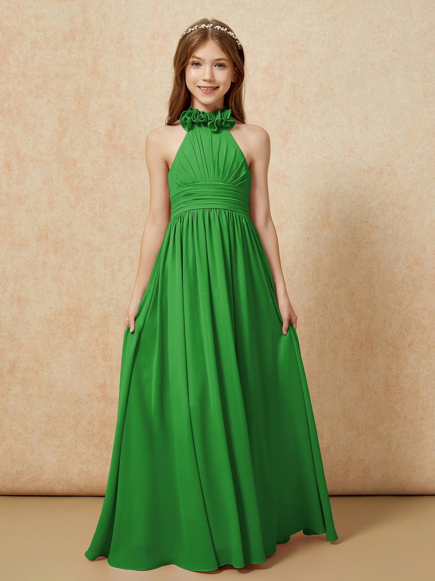 Halshalter Rückenfrei Lang Chiffon Junge Brautjungfernkleider Grün - Image 4