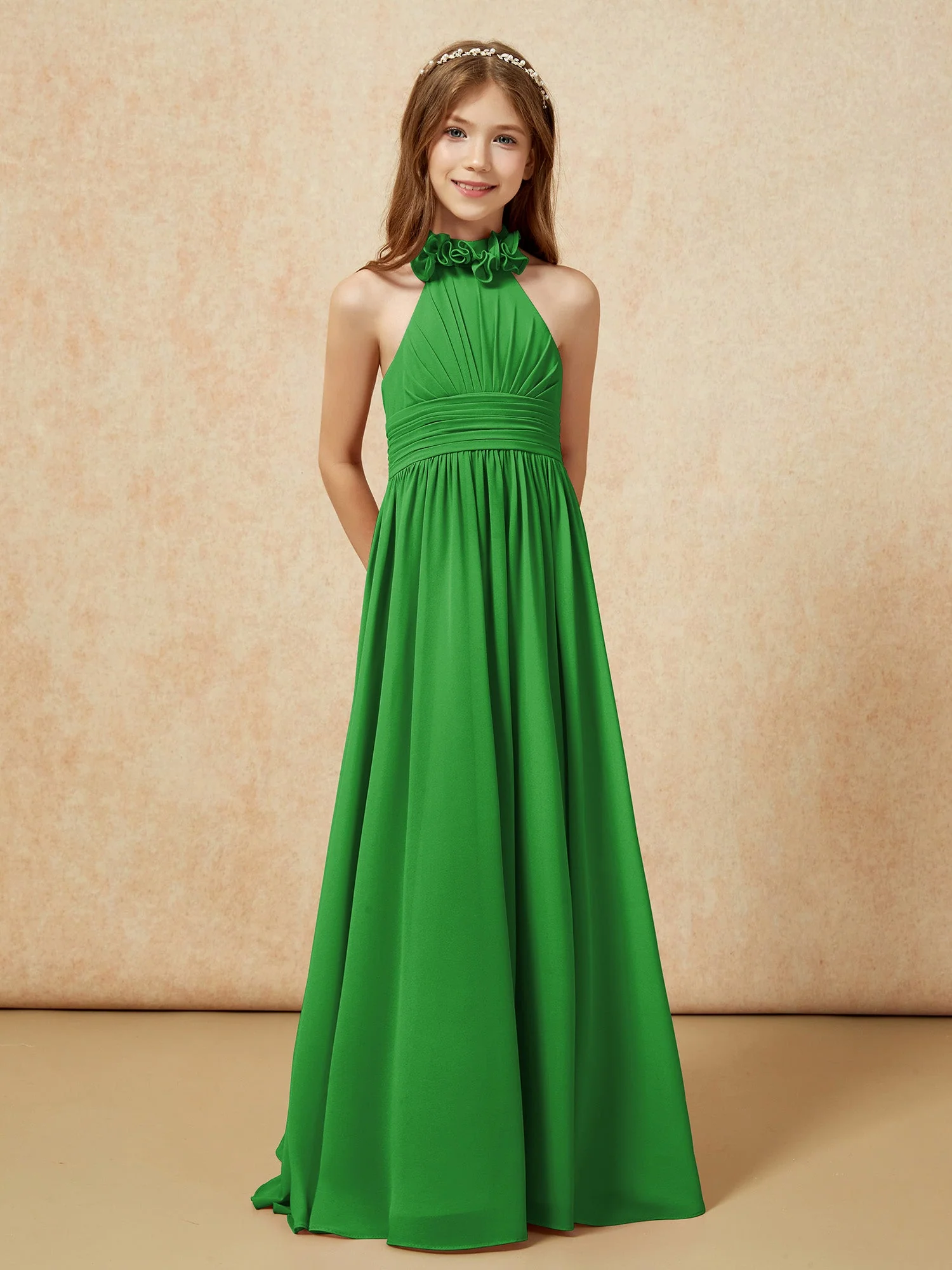Halshalter Rückenfrei Lang Chiffon Junge Brautjungfernkleider Grün - Image 5