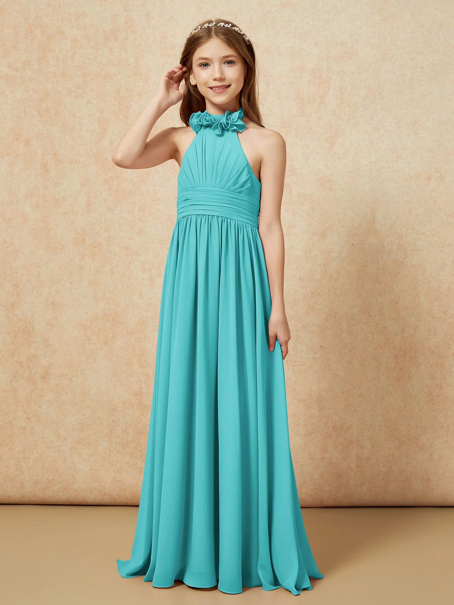 Halshalter Rückenfrei Lang Chiffon Junge Brautjungfernkleider Jade - Image 3