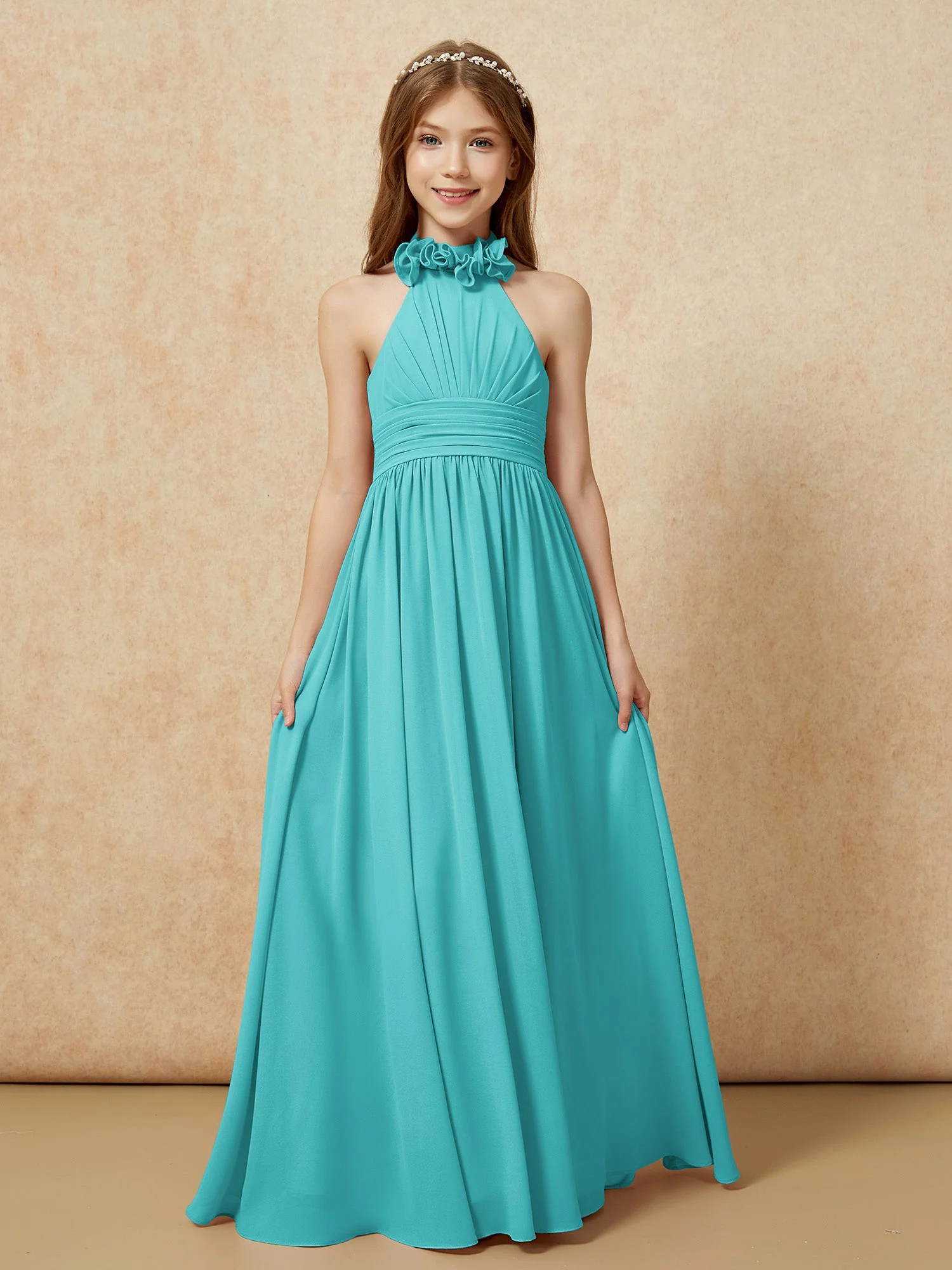 Halshalter Rückenfrei Lang Chiffon Junge Brautjungfernkleider Jade - Image 4