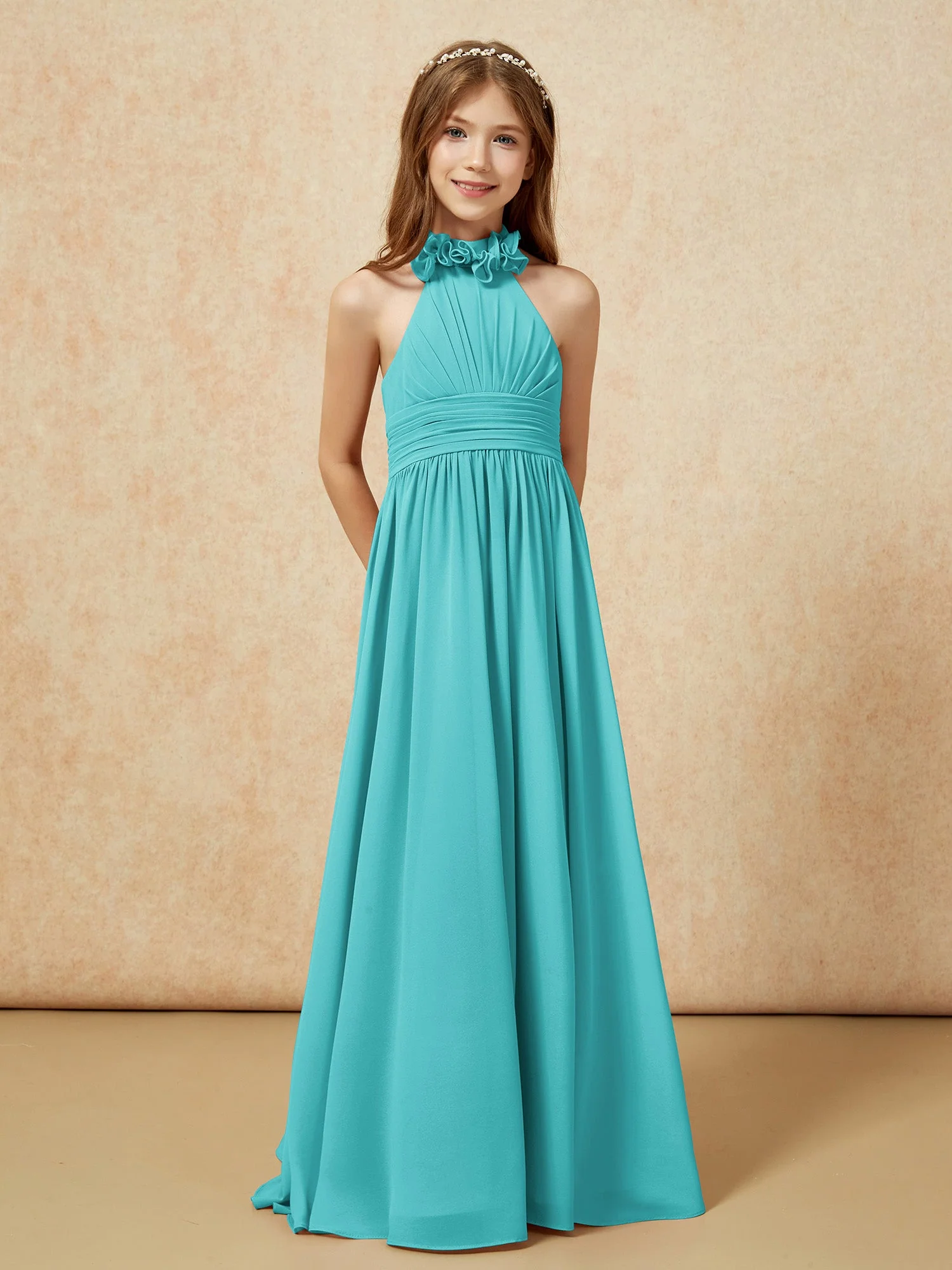 Halshalter Rückenfrei Lang Chiffon Junge Brautjungfernkleider Jade - Image 5