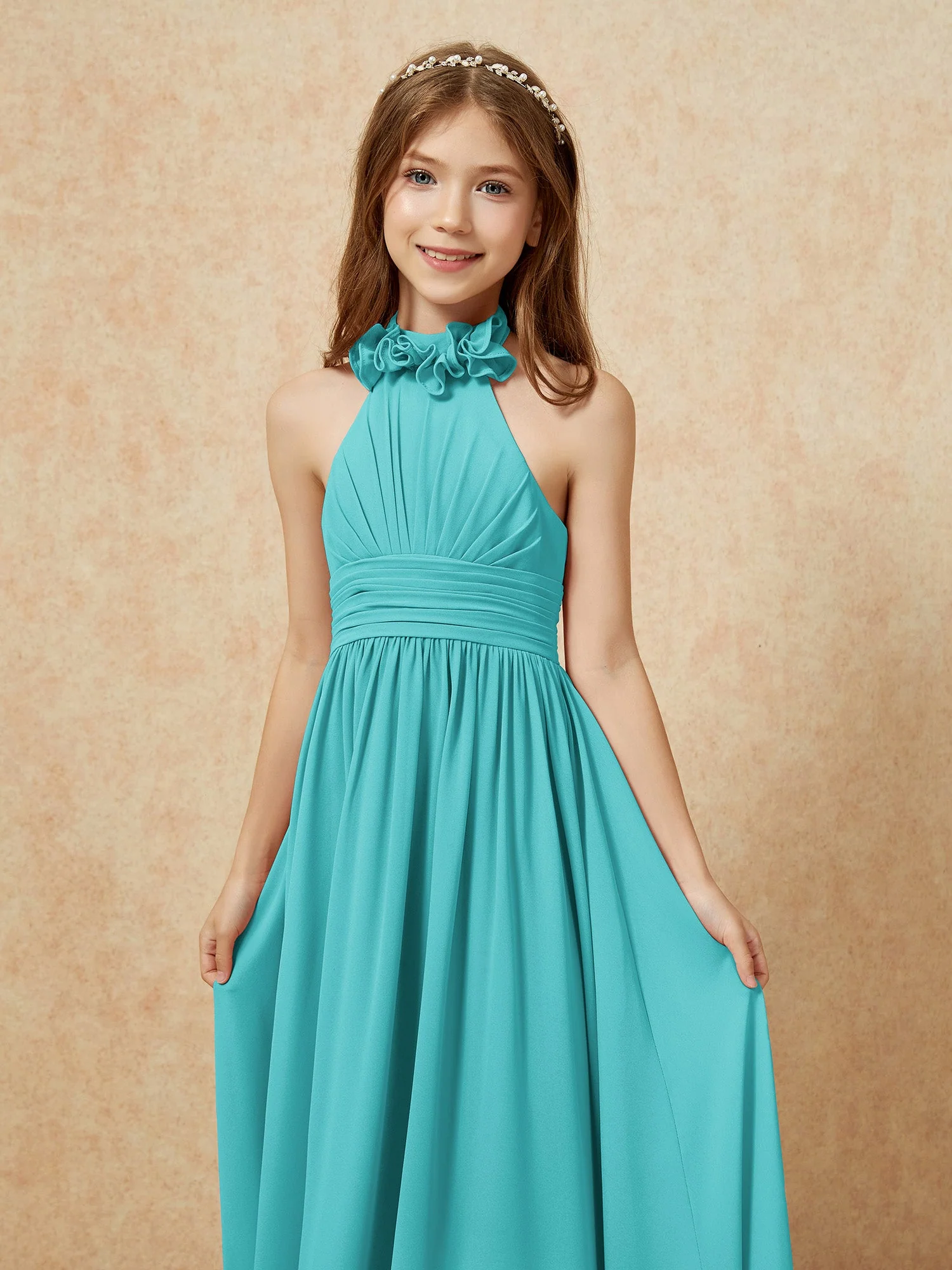Halshalter Rückenfrei Lang Chiffon Junge Brautjungfernkleider Jade - Image 6