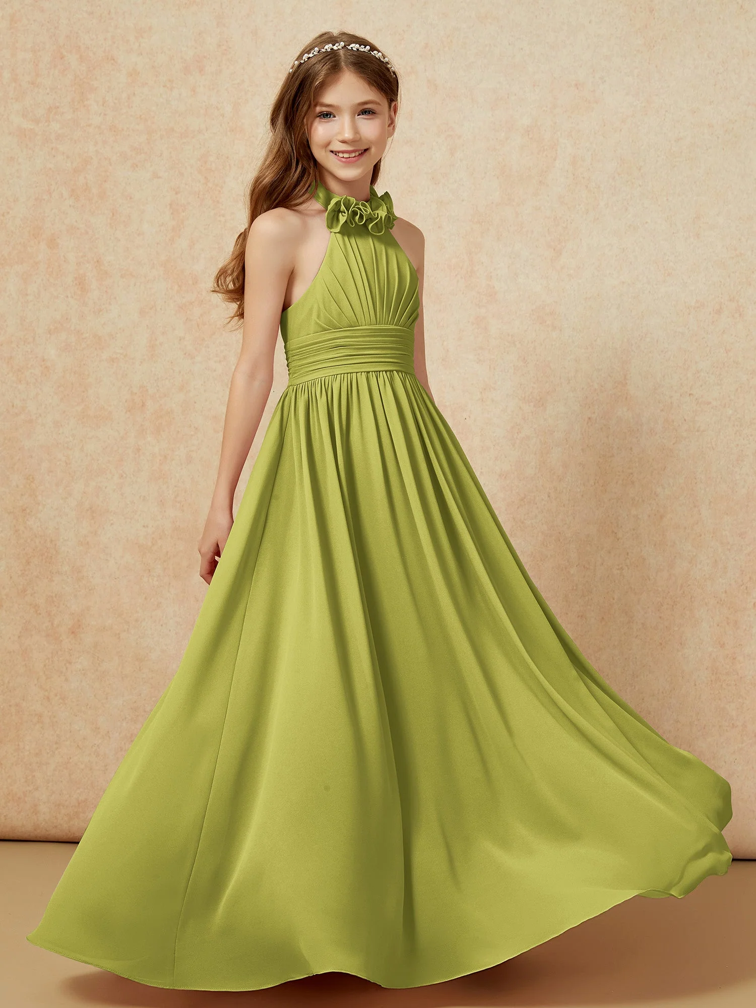 Halshalter Rückenfrei Lang Chiffon Junge Brautjungfernkleider Kleegrün