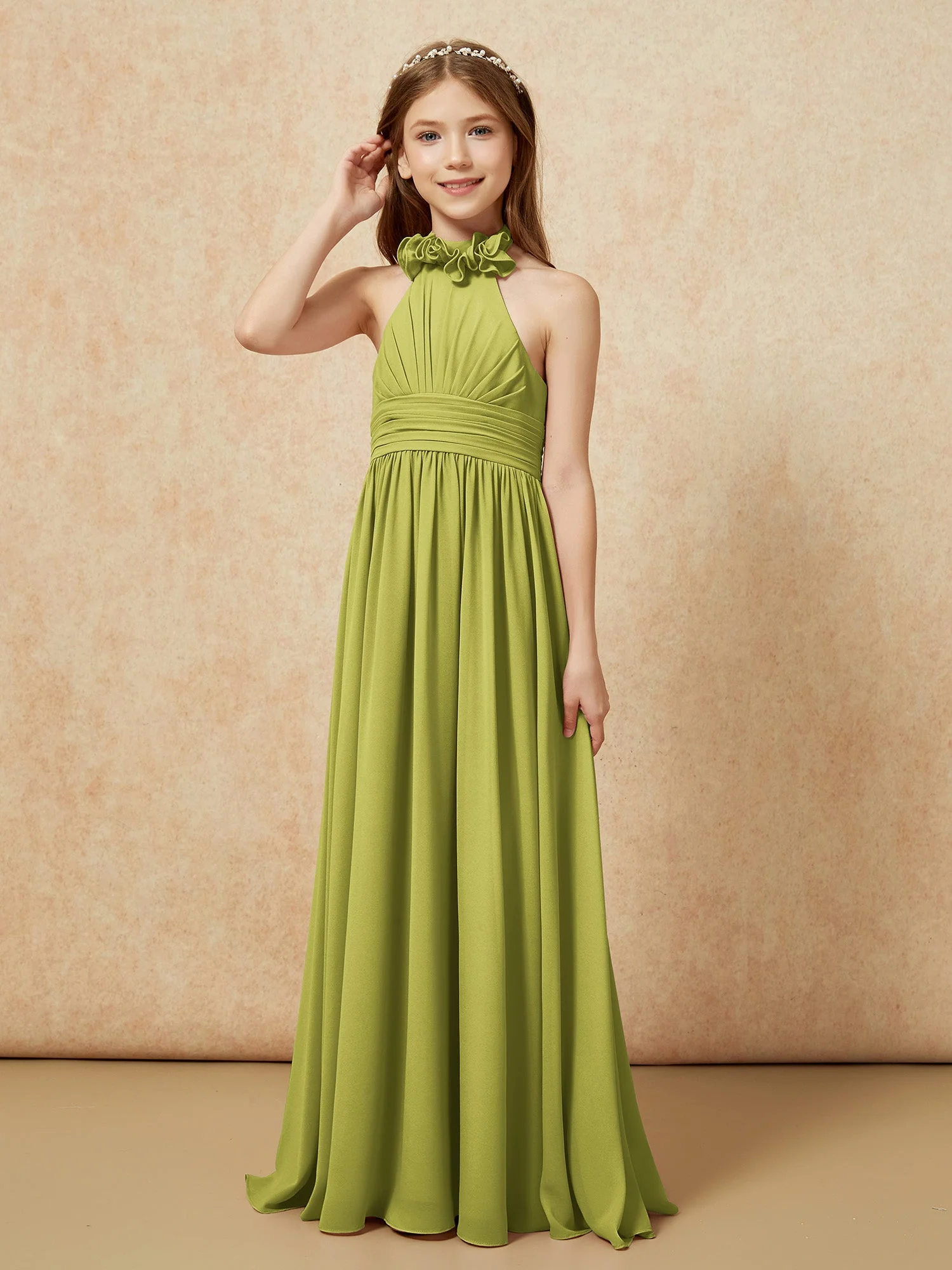 Halshalter Rückenfrei Lang Chiffon Junge Brautjungfernkleider Kleegrün - Image 3