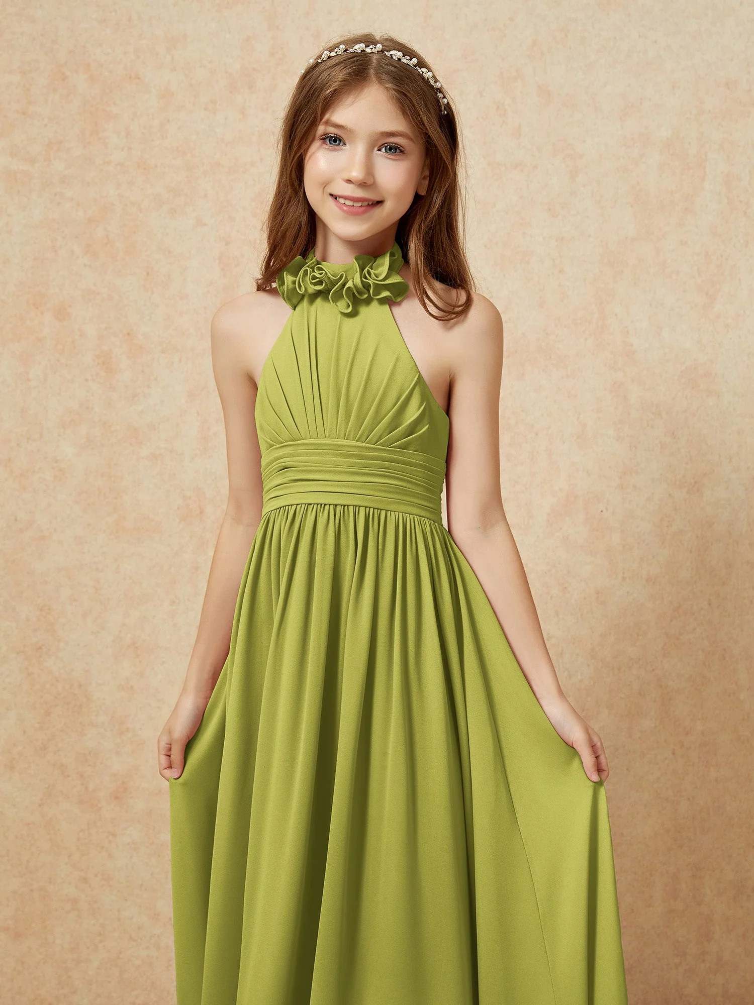 Halshalter Rückenfrei Lang Chiffon Junge Brautjungfernkleider Kleegrün - Image 6