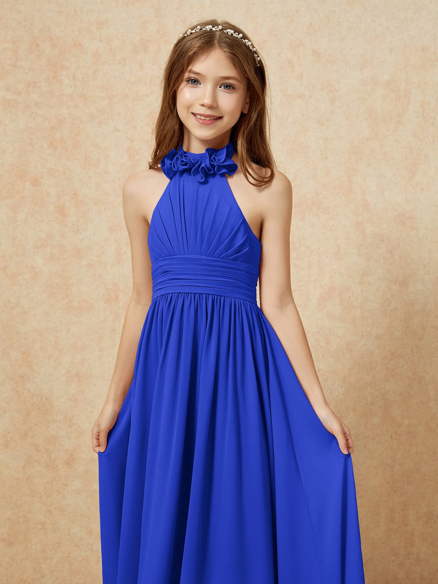 Halshalter Rückenfrei Lang Chiffon Junge Brautjungfernkleider Königsblau - Image 6
