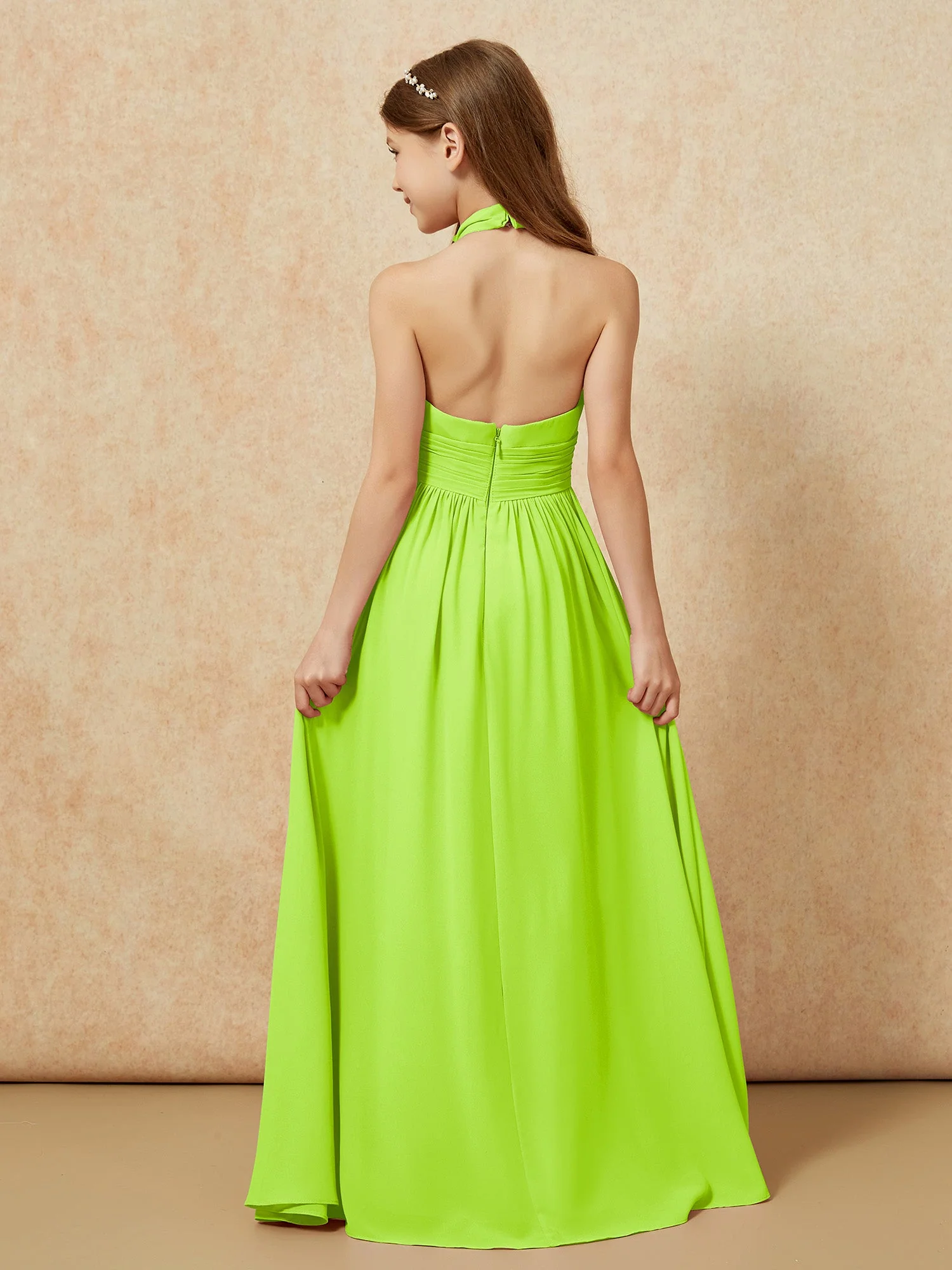 Halshalter Rückenfrei Lang Chiffon Junge Brautjungfernkleider Lindgrün - Image 2