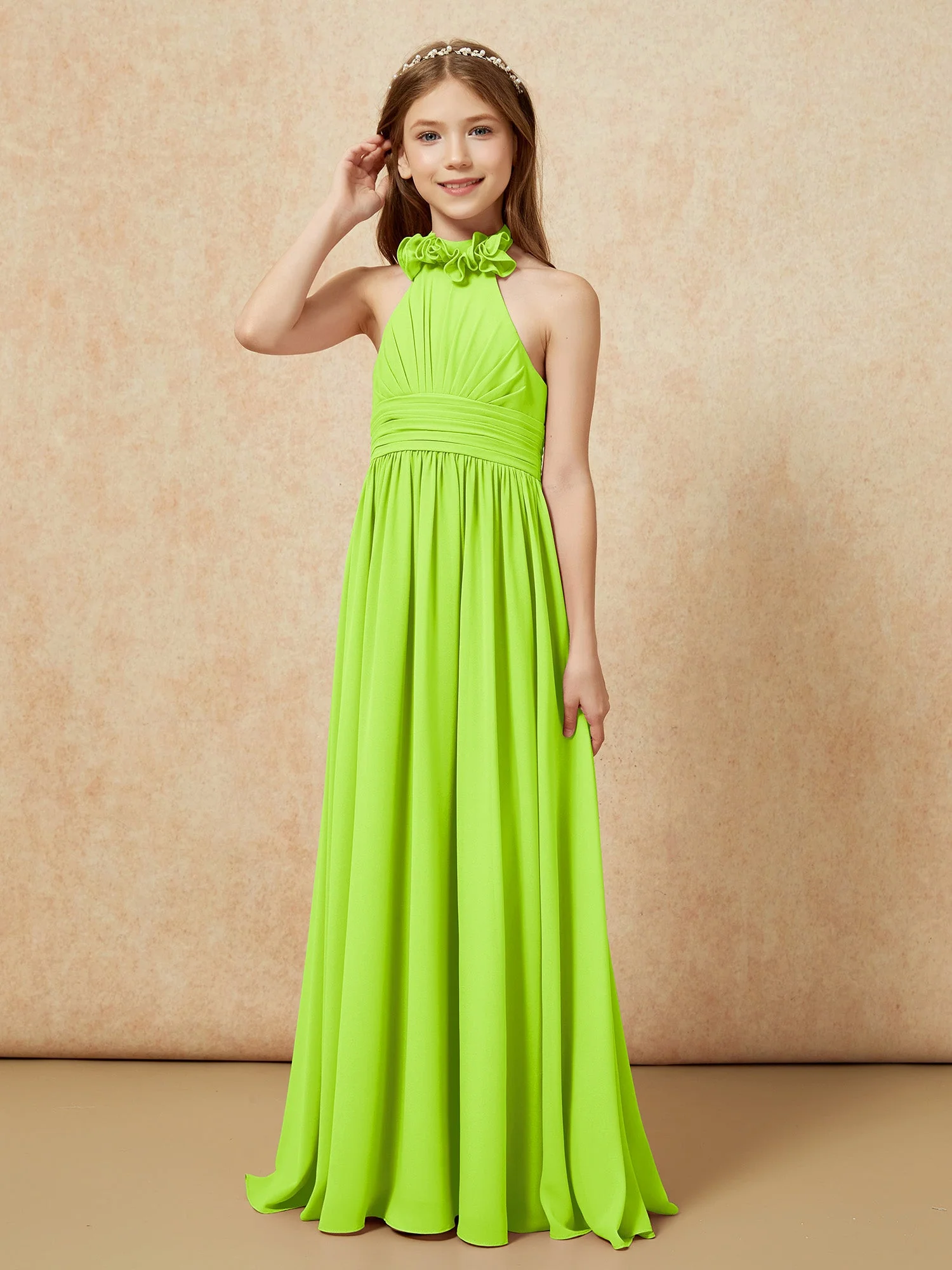 Halshalter Rückenfrei Lang Chiffon Junge Brautjungfernkleider Lindgrün - Image 3