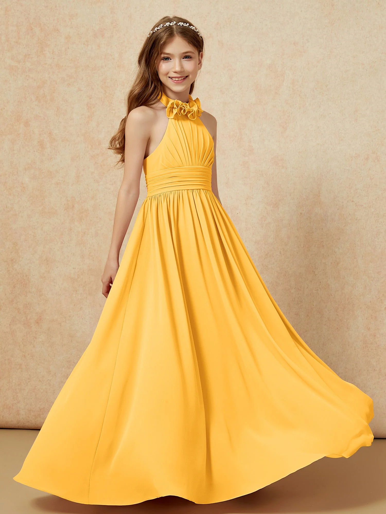 Halshalter Rückenfrei Lang Chiffon Junge Brautjungfernkleider Mandarine