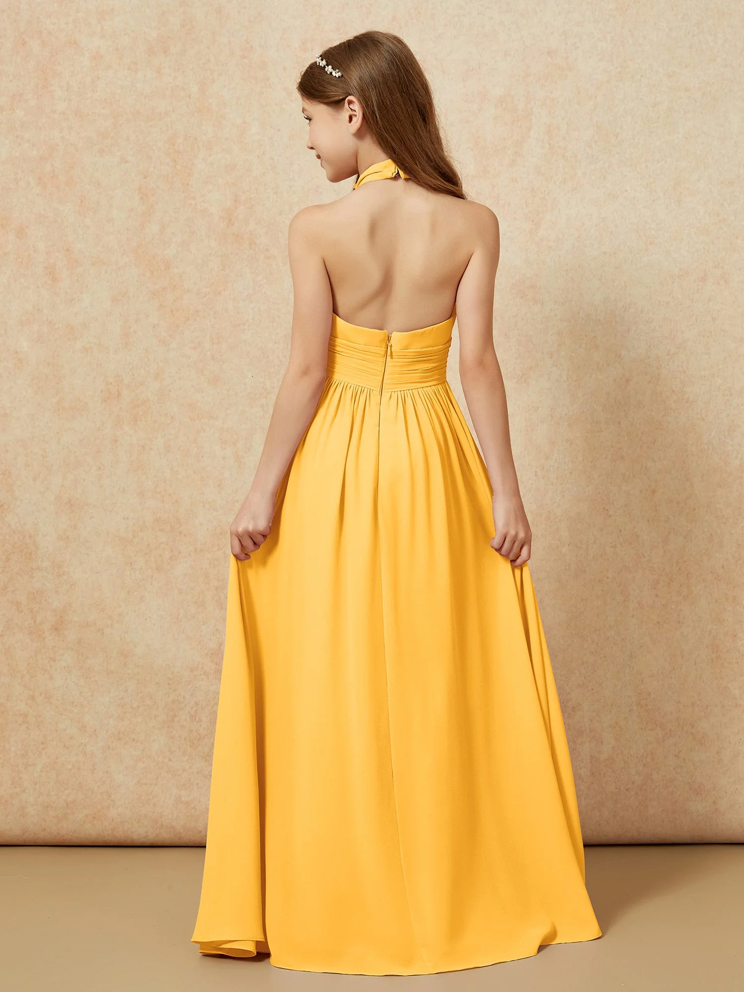 Halshalter Rückenfrei Lang Chiffon Junge Brautjungfernkleider Mandarine - Image 2