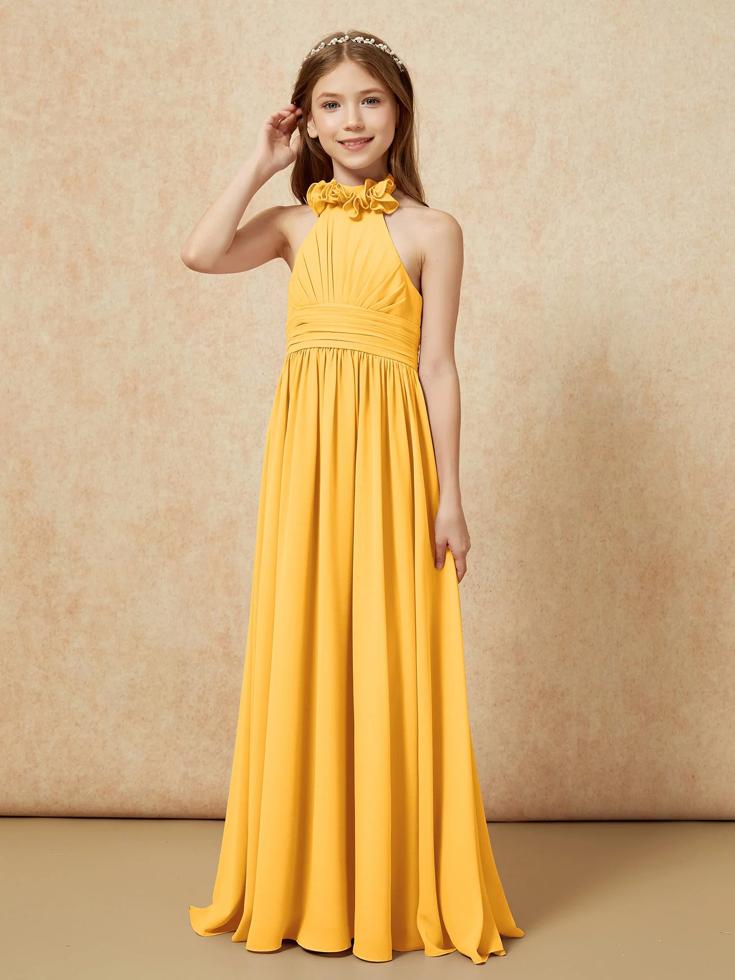 Halshalter Rückenfrei Lang Chiffon Junge Brautjungfernkleider Mandarine - Image 3