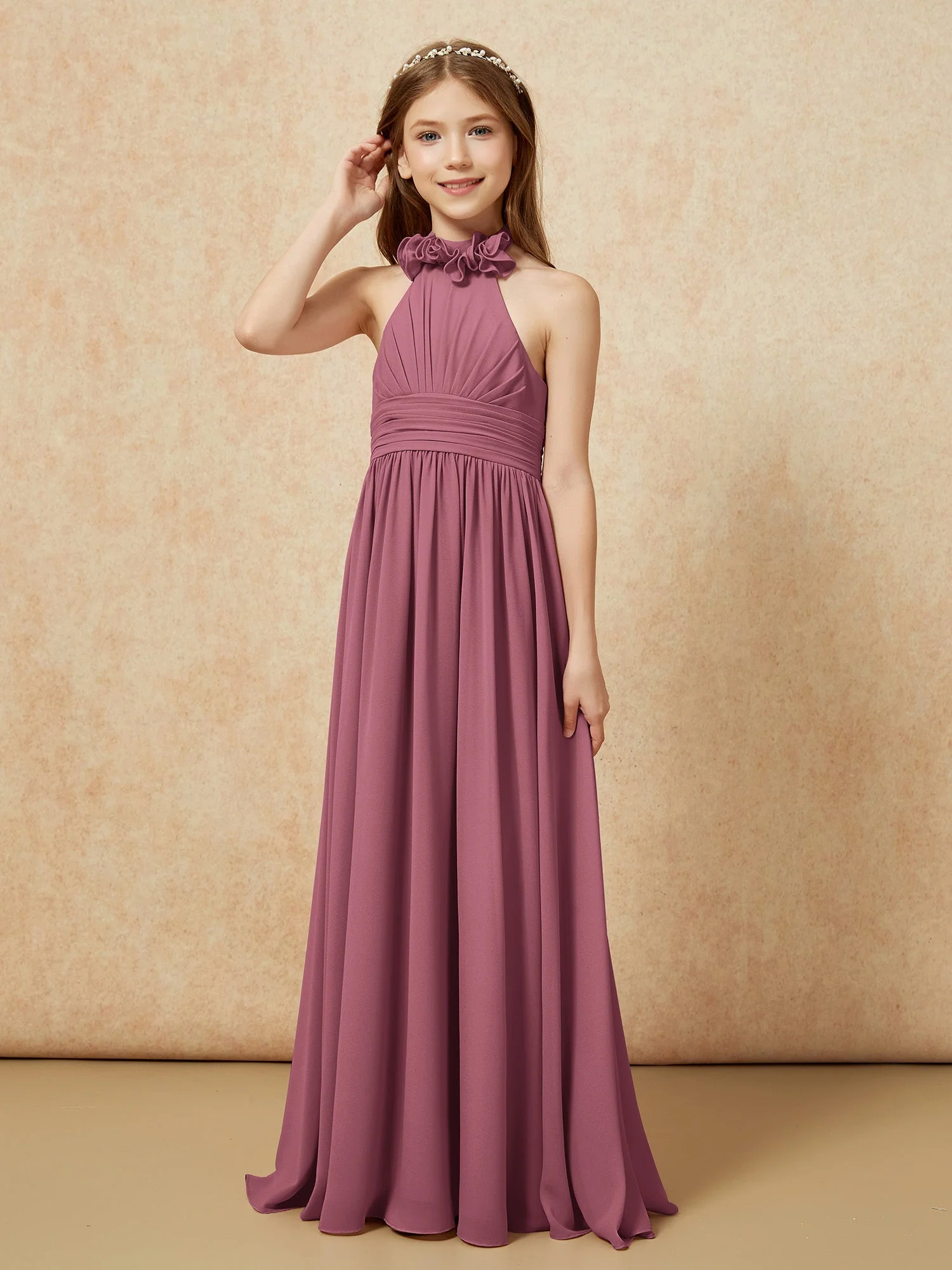 Halshalter Rückenfrei Lang Chiffon Junge Brautjungfernkleider Maulbeere - Image 3