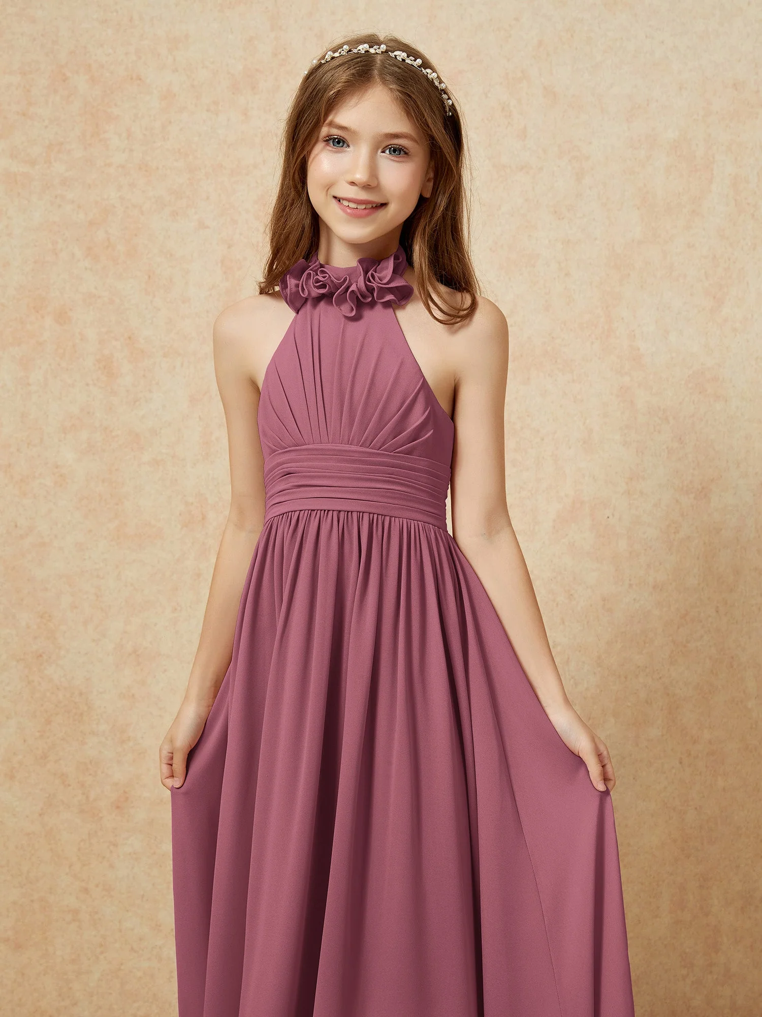 Halshalter Rückenfrei Lang Chiffon Junge Brautjungfernkleider Maulbeere - Image 6