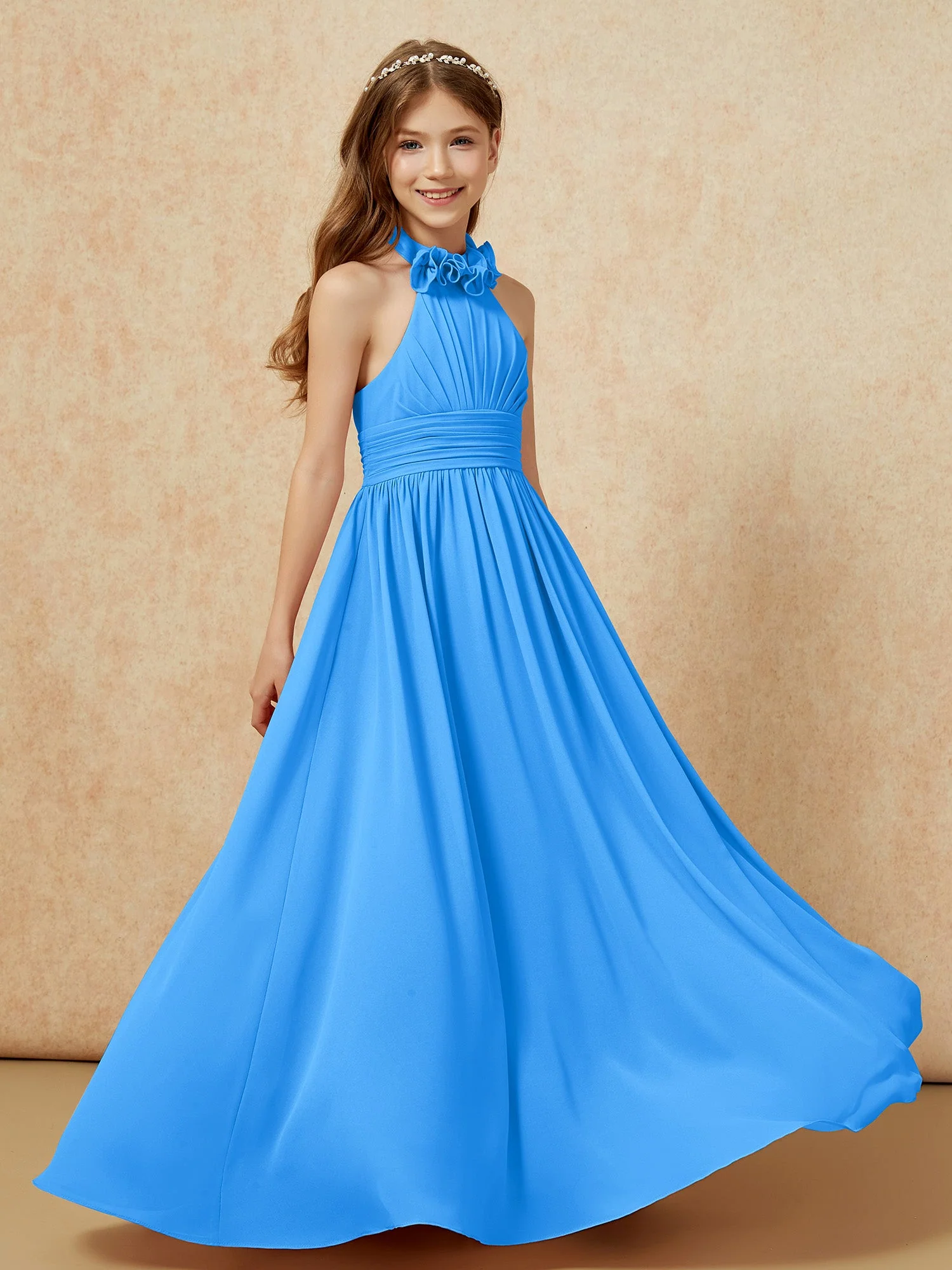 Halshalter Rückenfrei Lang Chiffon Junge Brautjungfernkleider Meerblau
