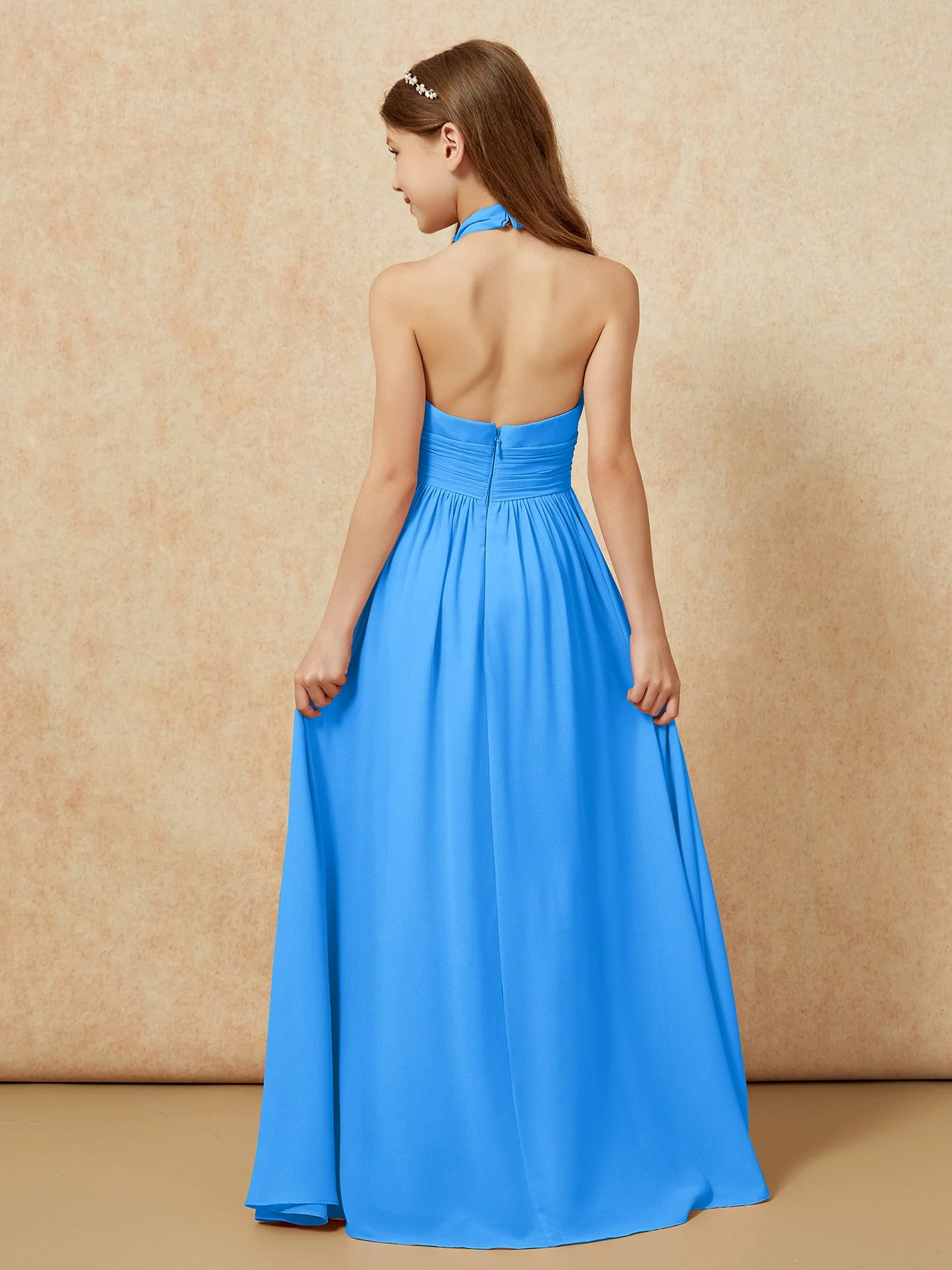 Halshalter Rückenfrei Lang Chiffon Junge Brautjungfernkleider Meerblau - Image 2