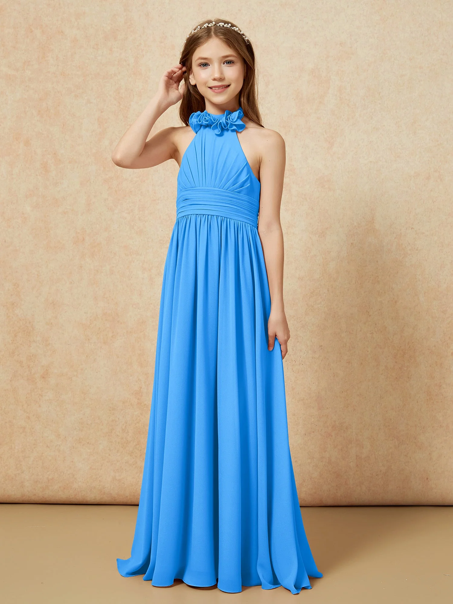 Halshalter Rückenfrei Lang Chiffon Junge Brautjungfernkleider Meerblau - Image 3