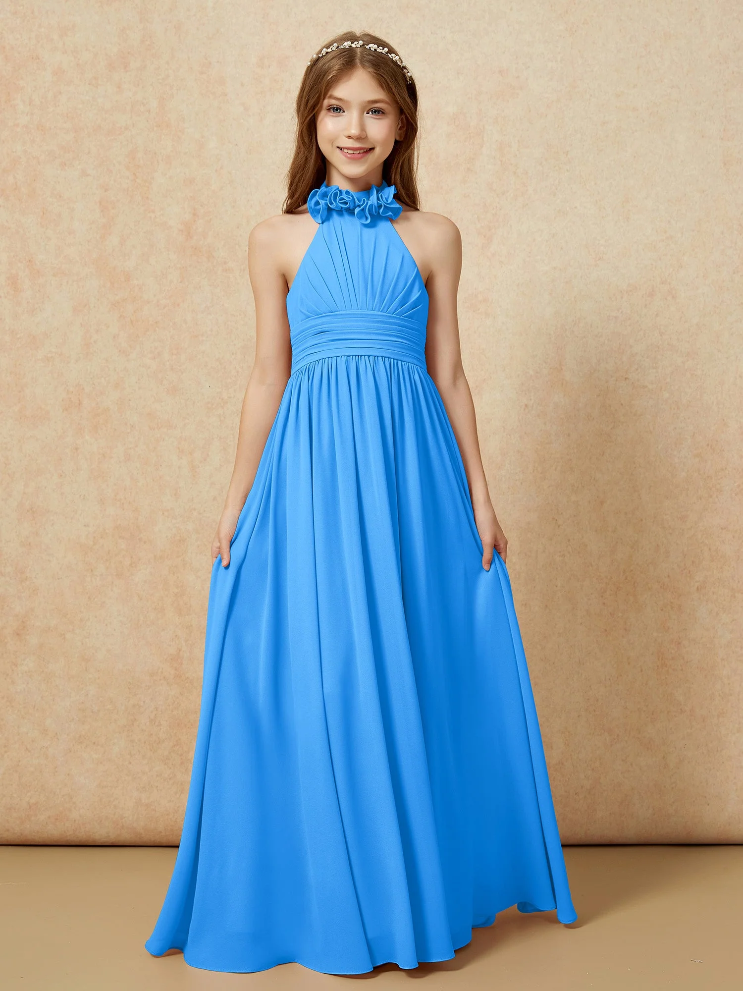 Halshalter Rückenfrei Lang Chiffon Junge Brautjungfernkleider Meerblau - Image 4