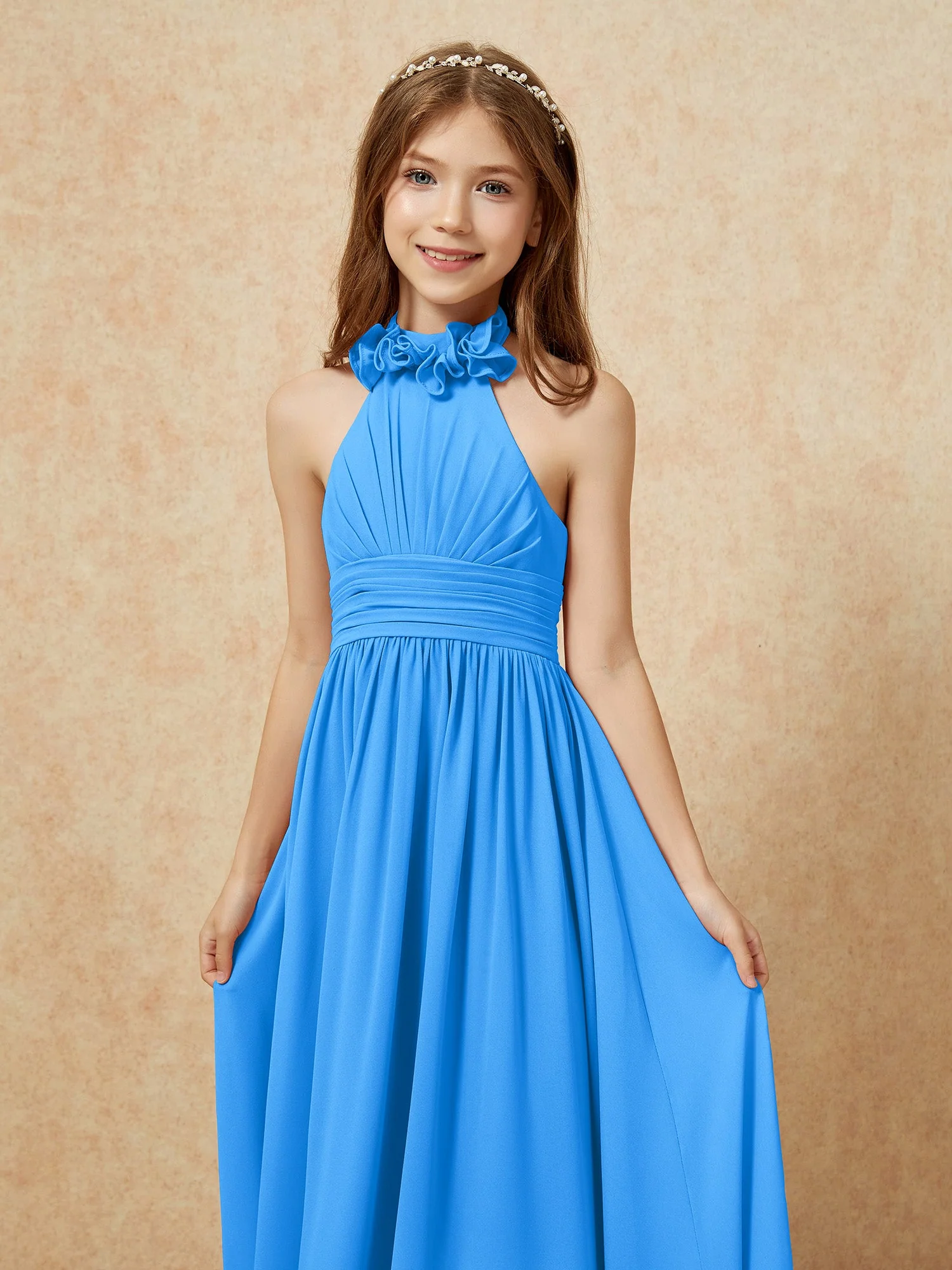 Halshalter Rückenfrei Lang Chiffon Junge Brautjungfernkleider Meerblau - Image 6