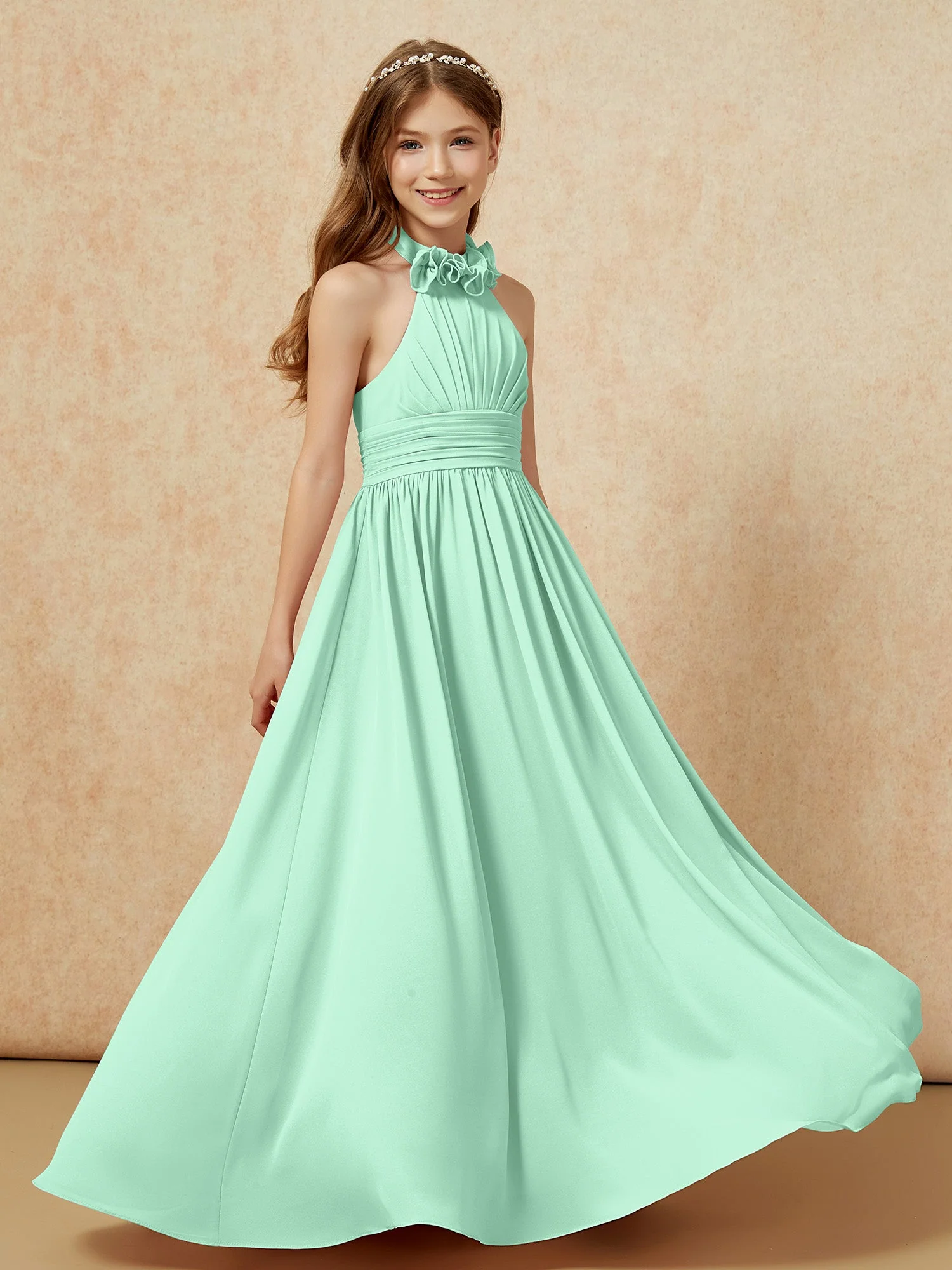 Halshalter Rückenfrei Lang Chiffon Junge Brautjungfernkleider Minzgrün