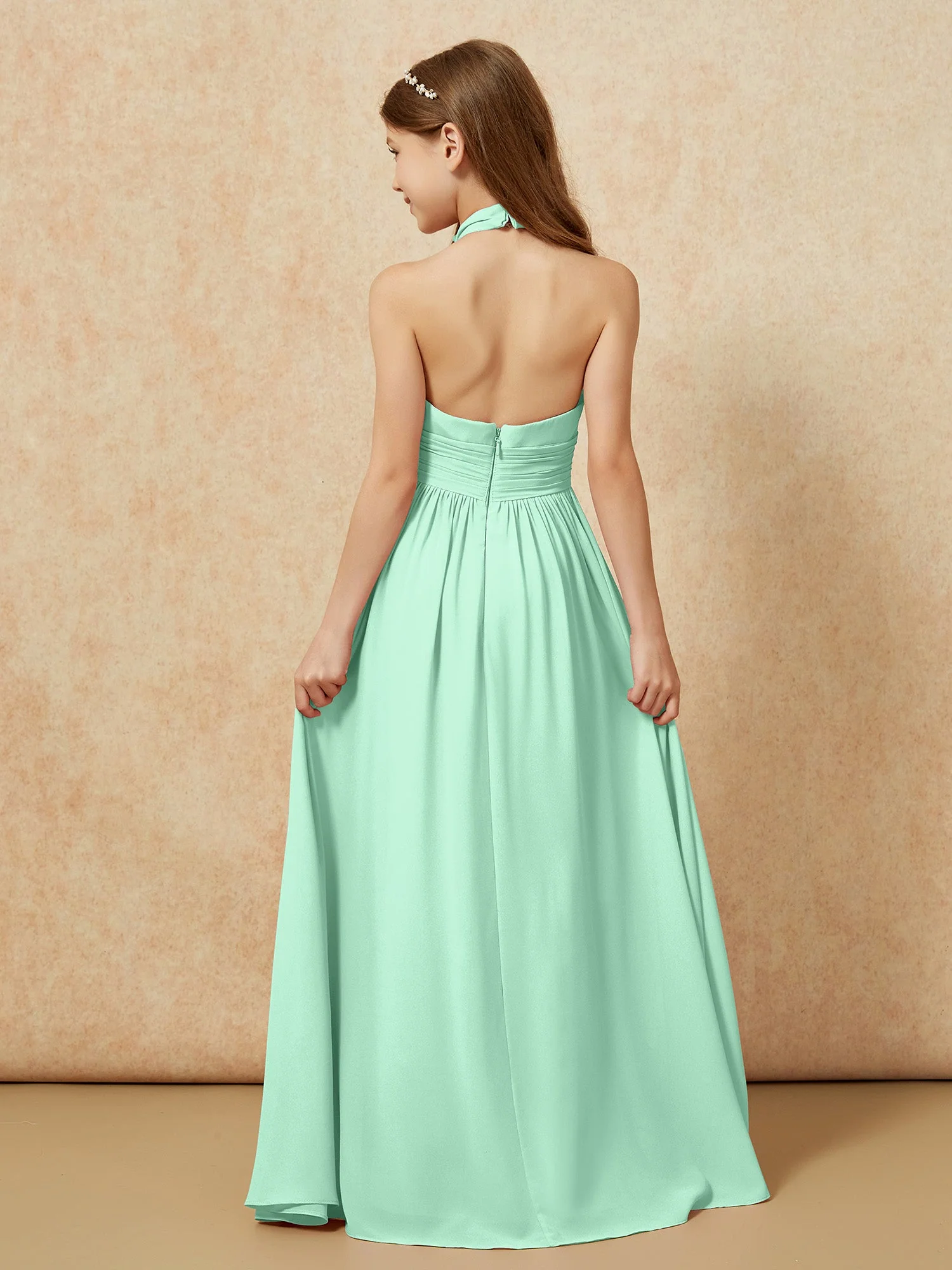Halshalter Rückenfrei Lang Chiffon Junge Brautjungfernkleider Minzgrün - Image 2