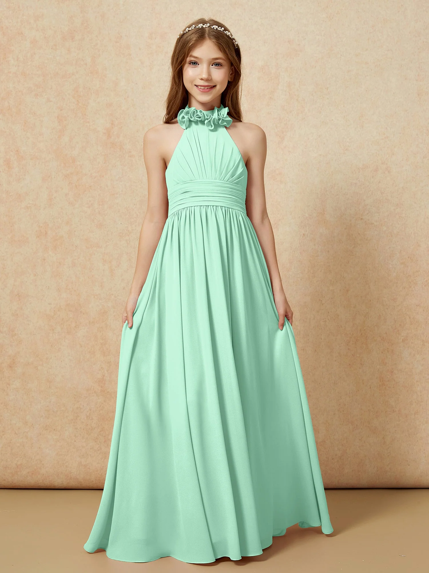 Halshalter Rückenfrei Lang Chiffon Junge Brautjungfernkleider Minzgrün - Image 4
