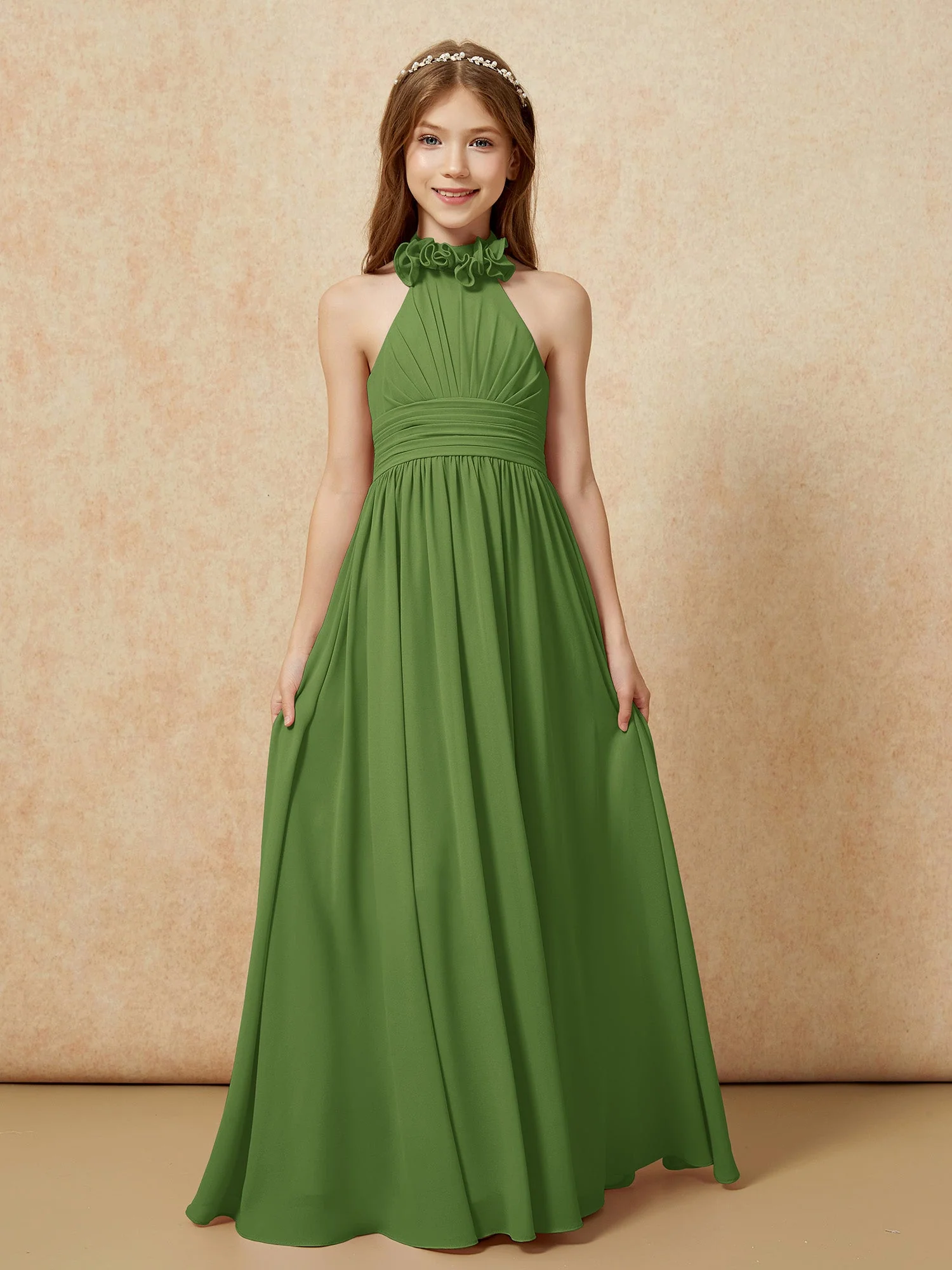 Halshalter Rückenfrei Lang Chiffon Junge Brautjungfernkleider Moos - Image 4
