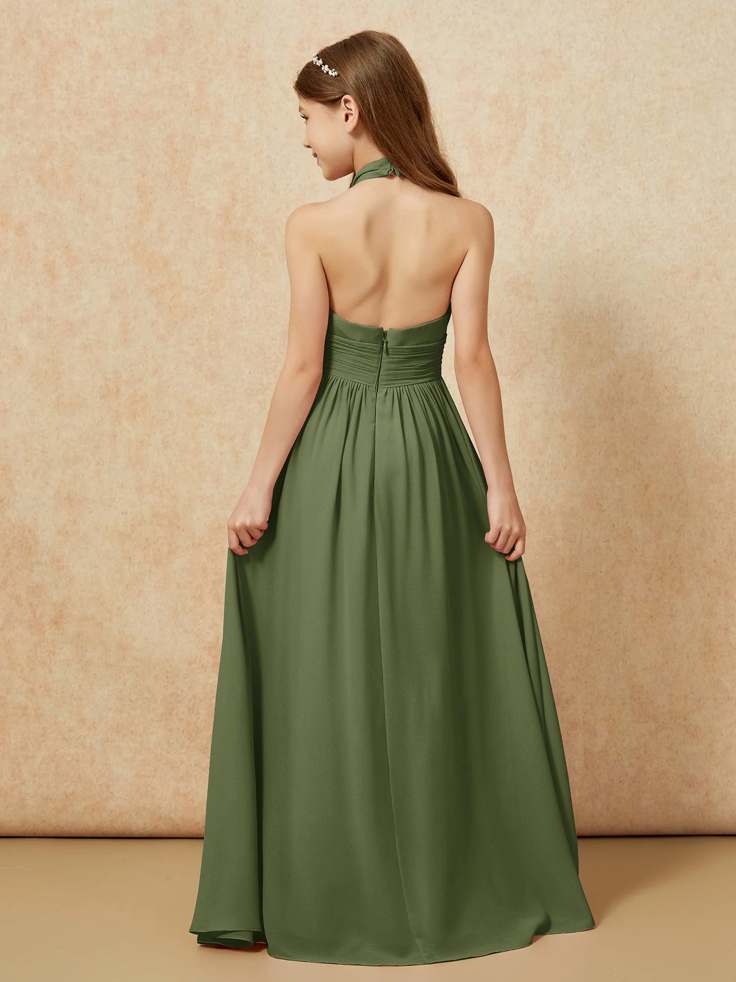 Halshalter Rückenfrei Lang Chiffon Junge Brautjungfernkleider Olivgrün - Image 2