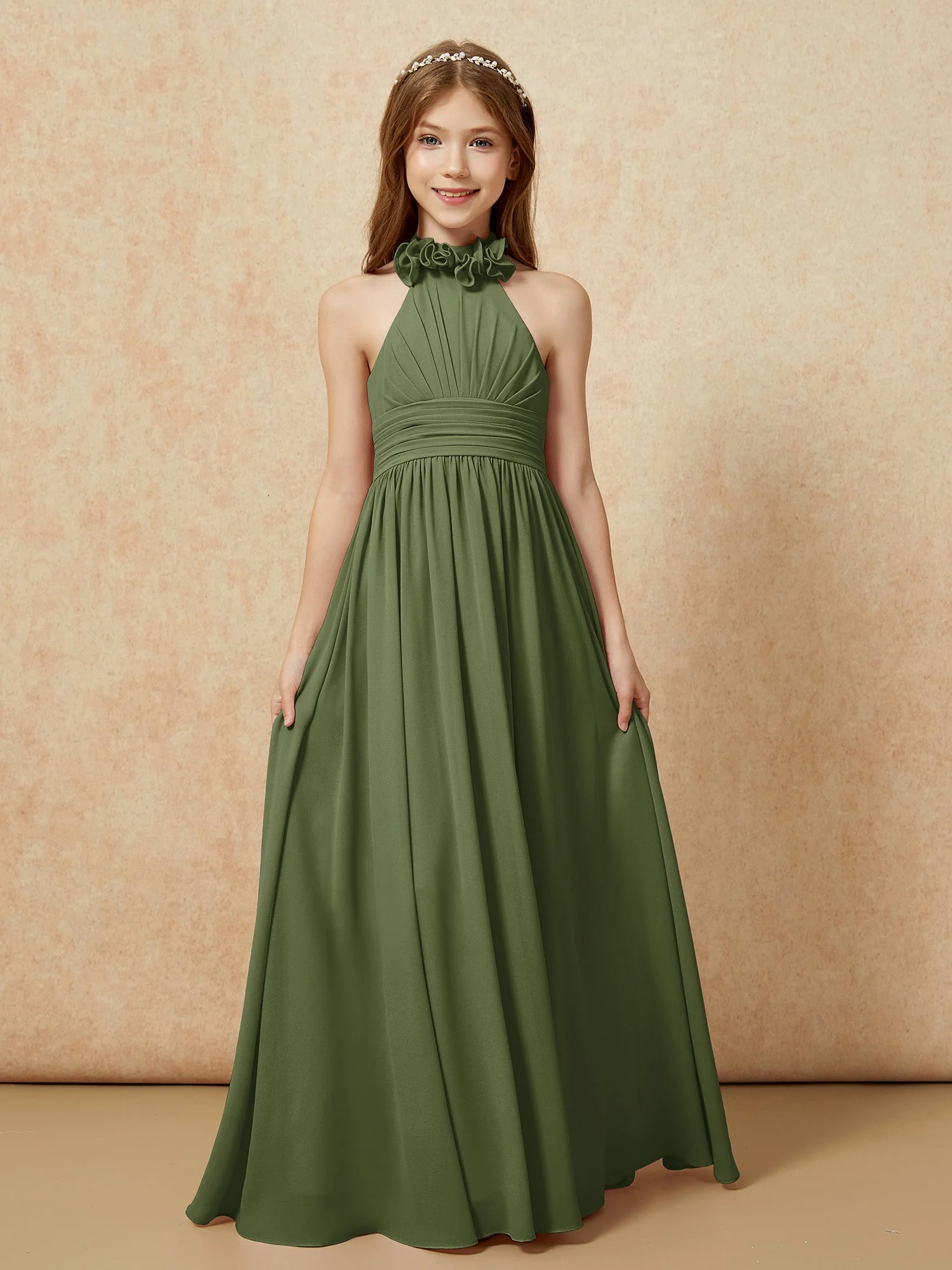Halshalter Rückenfrei Lang Chiffon Junge Brautjungfernkleider Olivgrün - Image 4