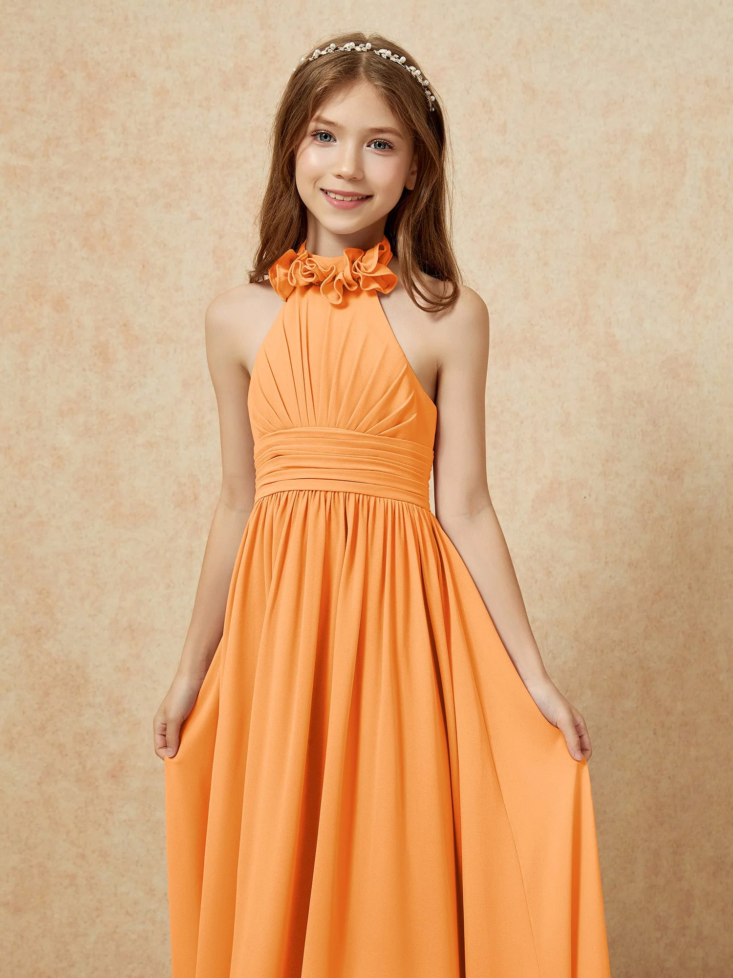 Halshalter Rückenfrei Lang Chiffon Junge Brautjungfernkleider Orange - Image 6
