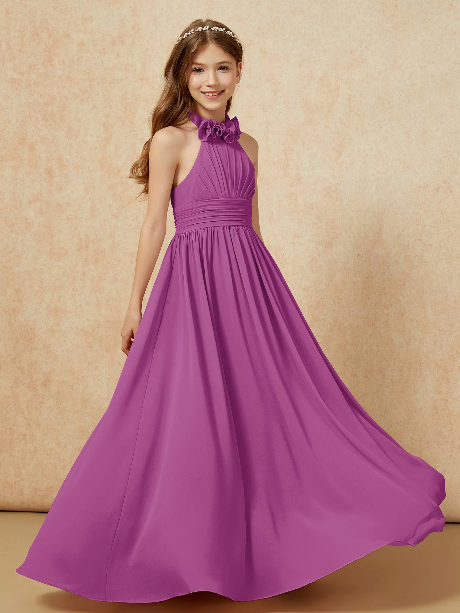Halshalter Rückenfrei Lang Chiffon Junge Brautjungfernkleider Orchidee
