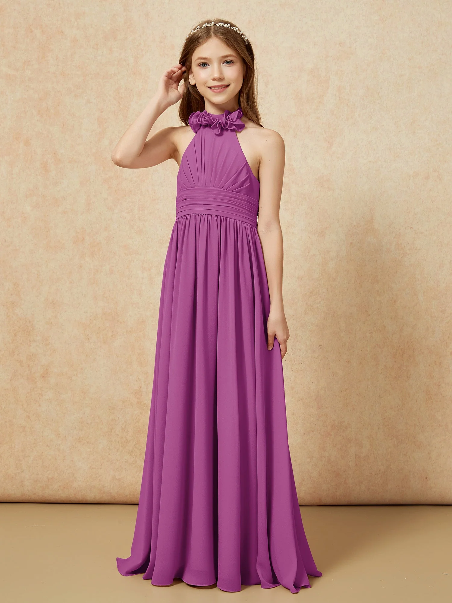 Halshalter Rückenfrei Lang Chiffon Junge Brautjungfernkleider Orchidee - Image 3
