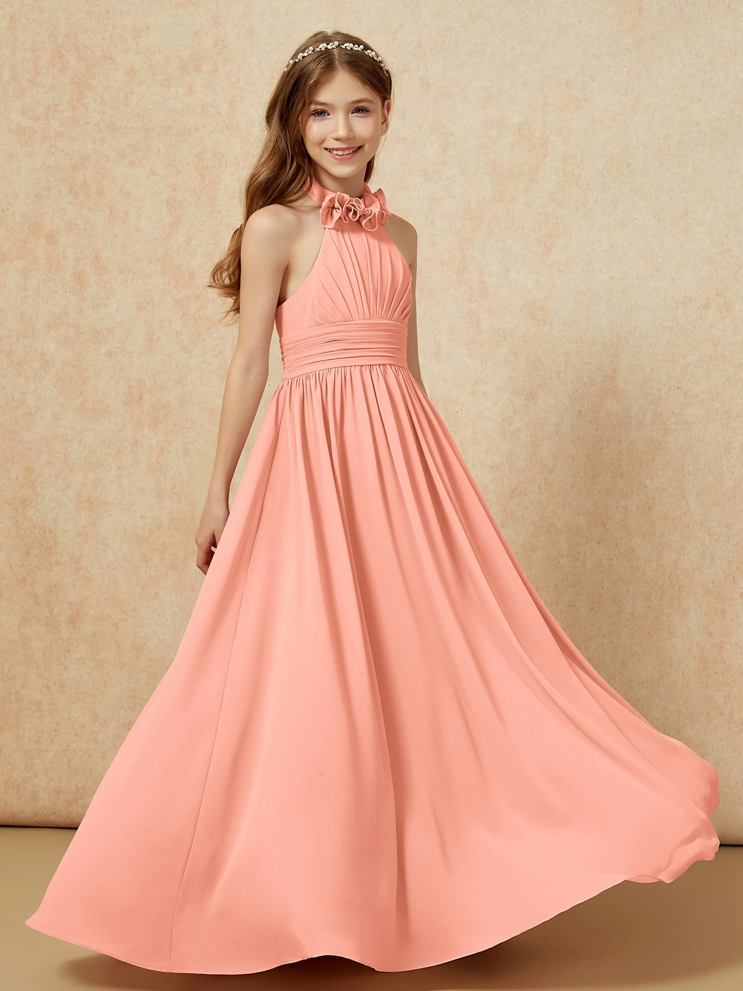Halshalter Rückenfrei Lang Chiffon Junge Brautjungfernkleider Papaya