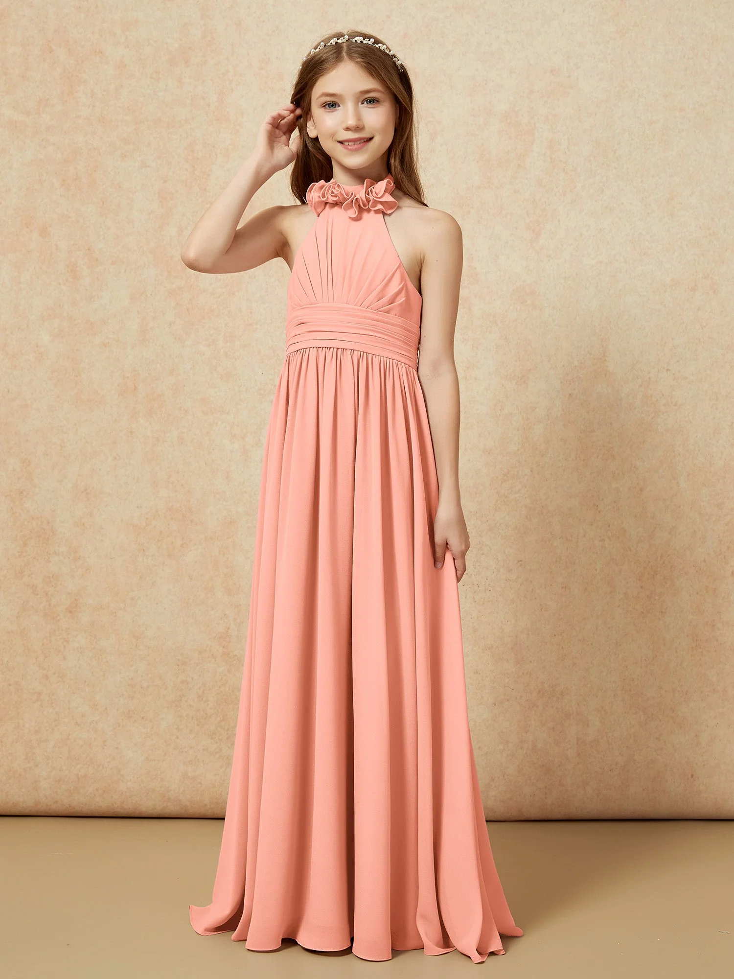 Halshalter Rückenfrei Lang Chiffon Junge Brautjungfernkleider Papaya - Image 3