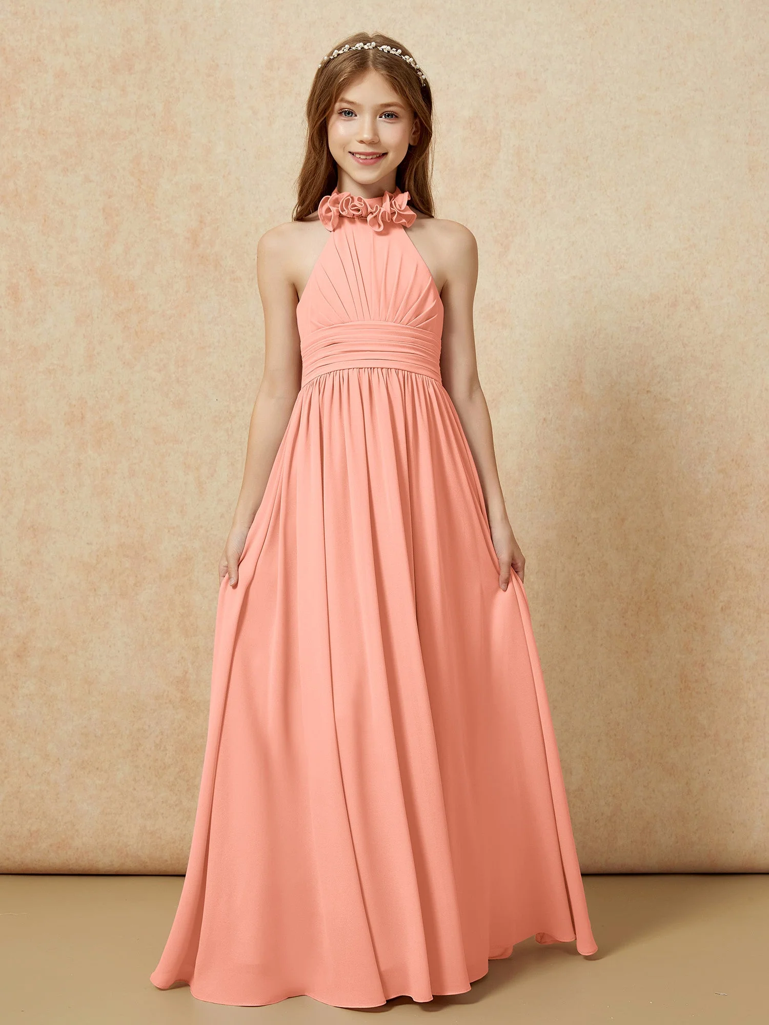 Halshalter Rückenfrei Lang Chiffon Junge Brautjungfernkleider Papaya - Image 4