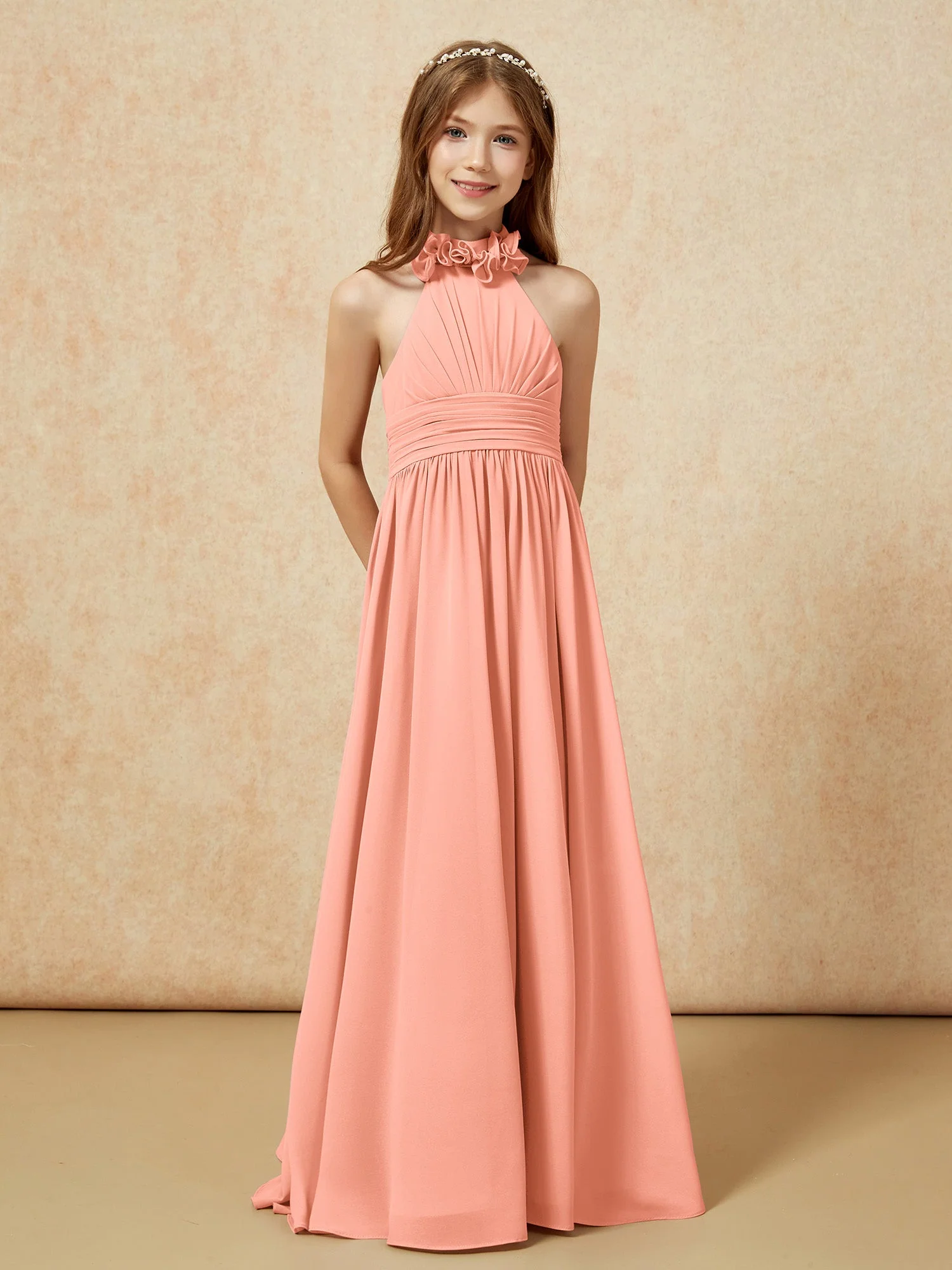 Halshalter Rückenfrei Lang Chiffon Junge Brautjungfernkleider Papaya - Image 5