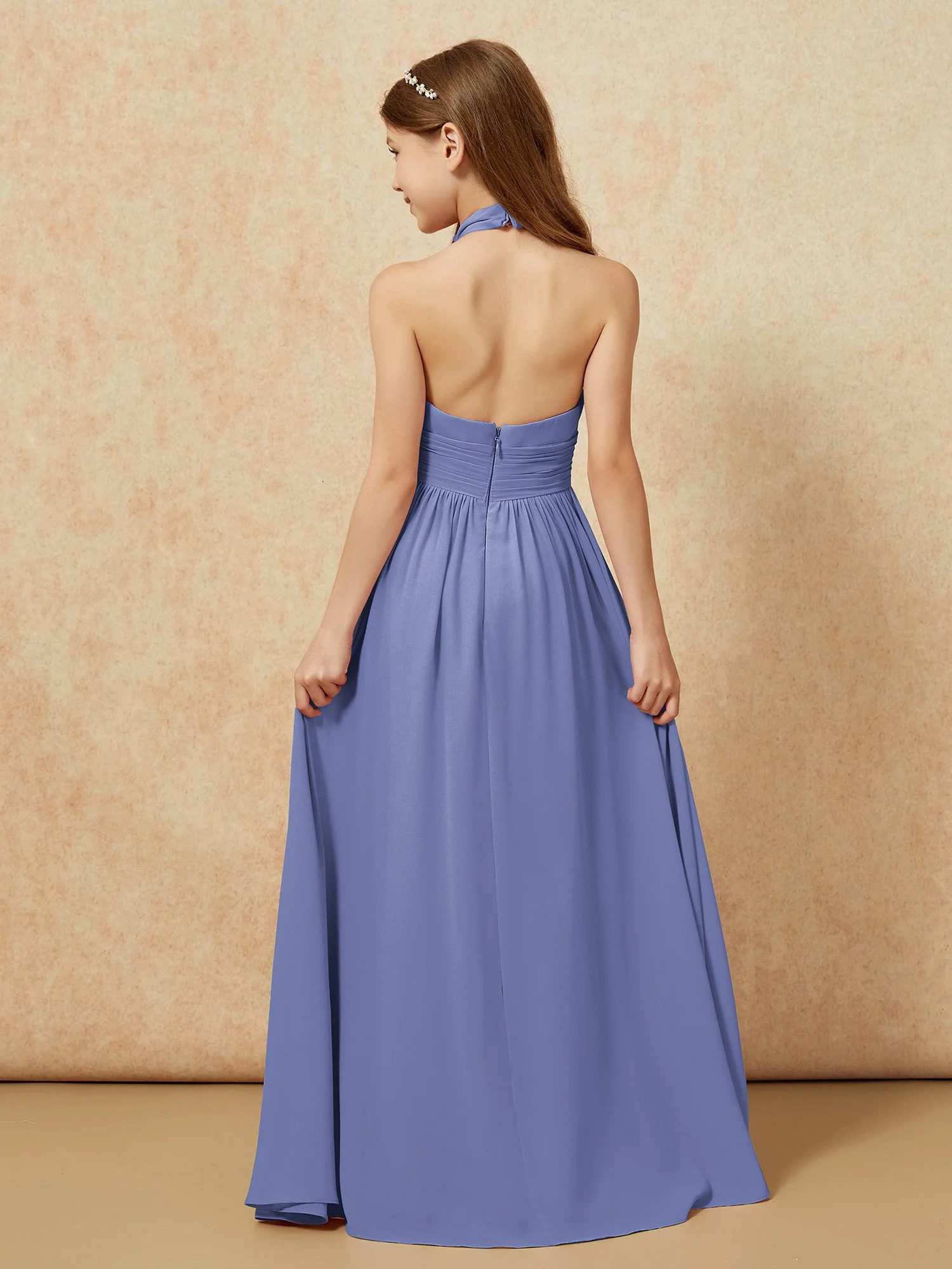 Halshalter Rückenfrei Lang Chiffon Junge Brautjungfernkleider Periwinkleblau - Image 2