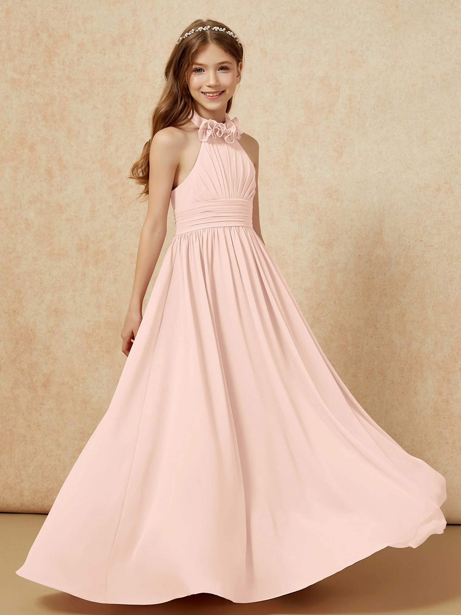 Halshalter Rückenfrei Lang Chiffon Junge Brautjungfernkleider Perlrosa
