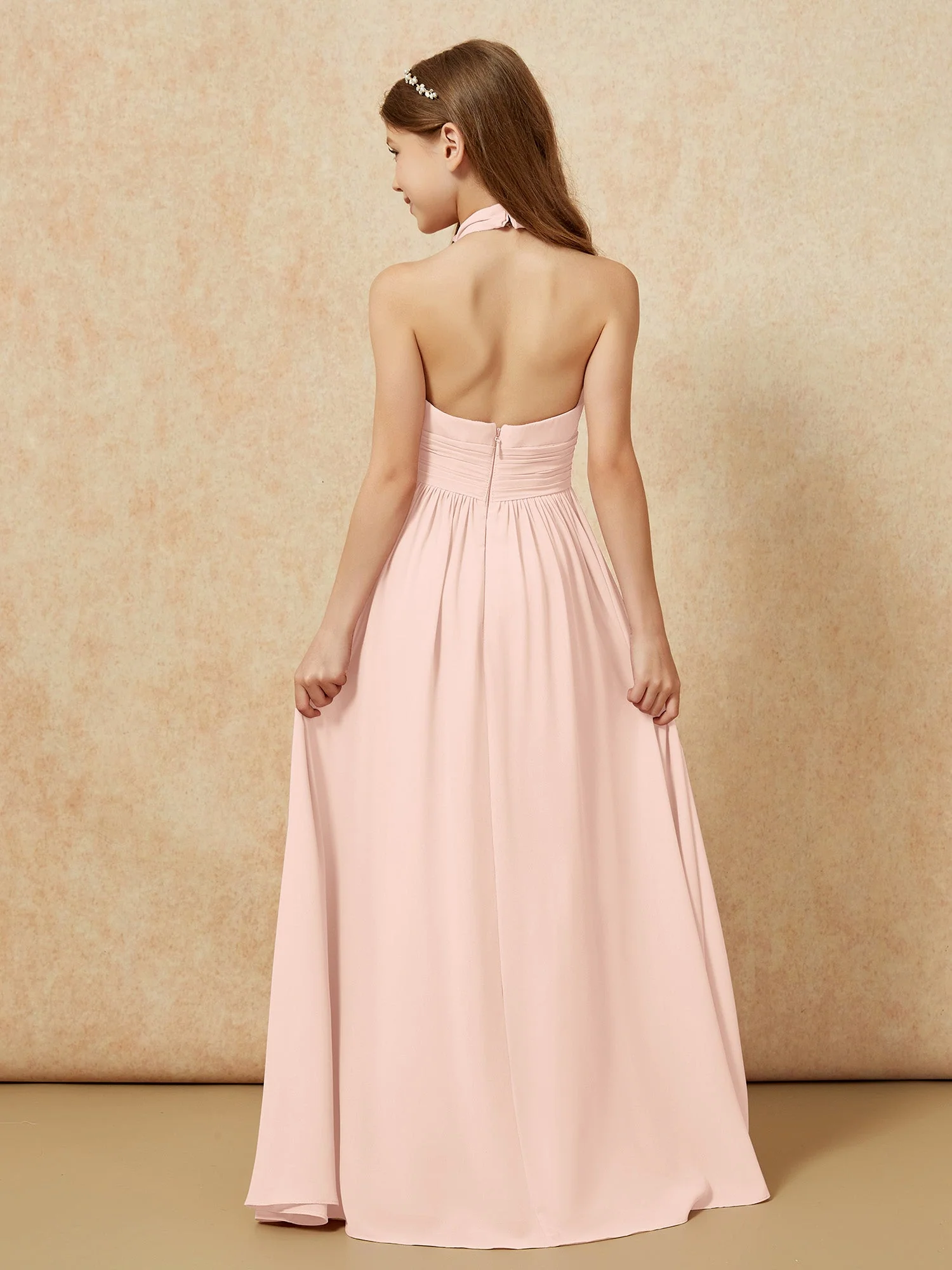 Halshalter Rückenfrei Lang Chiffon Junge Brautjungfernkleider Perlrosa - Image 2