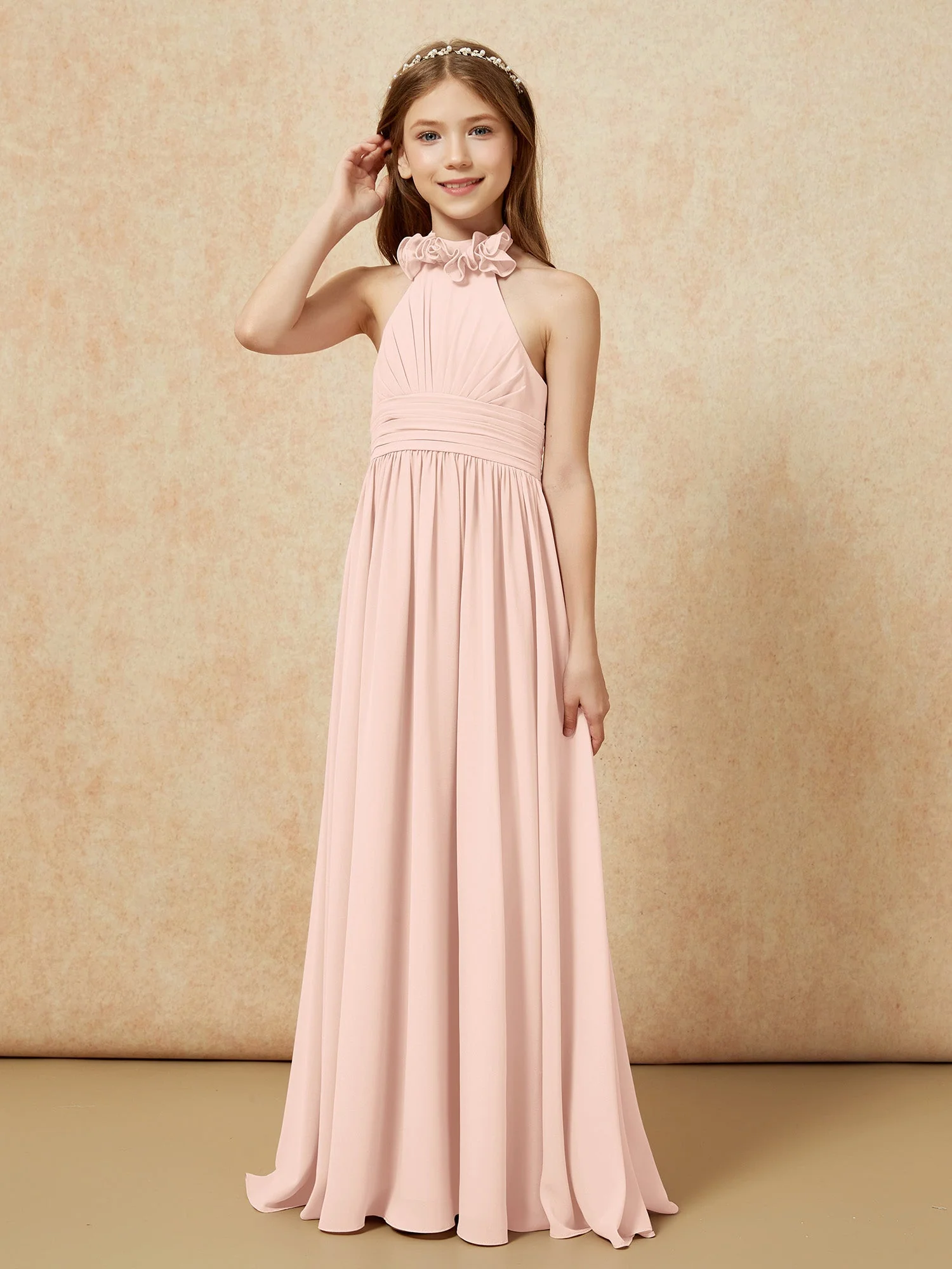 Halshalter Rückenfrei Lang Chiffon Junge Brautjungfernkleider Perlrosa - Image 3